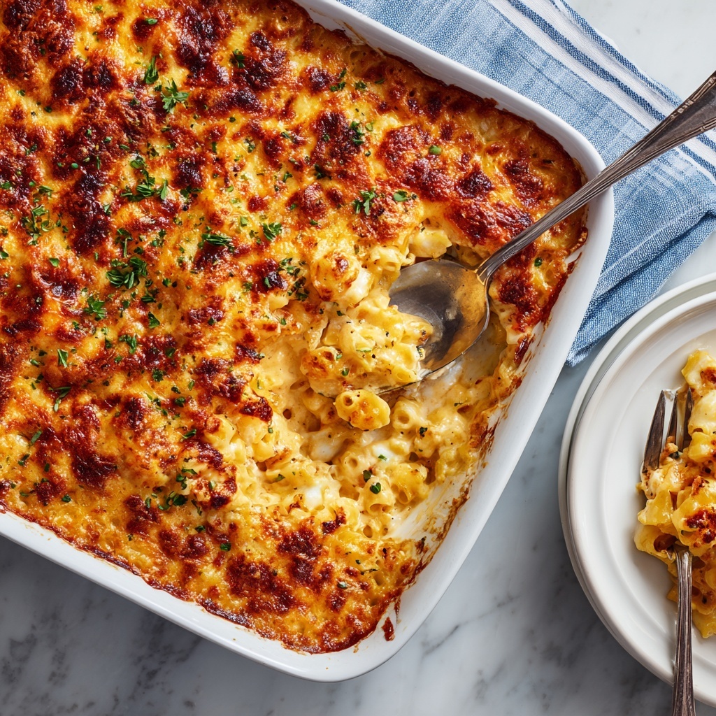 A square white baking dish filled with a baked pasta casserole that has a golden brown top layer of melted cheese, showing some darker toasted spots. The top surface is uneven with bubbly and slightly crispy patches, and the edges have a light browning from the oven. The dish sits on a white marbled surface, and the casserole looks thick with multiple layers visible through small cracks on the top. Photo taken with an iphone --ar 2:3 --v 7 - Classic Baked Macaroni and Cheese, cheesy baked pasta, comfort food recipes, homemade mac and cheese, easy baked macaroni