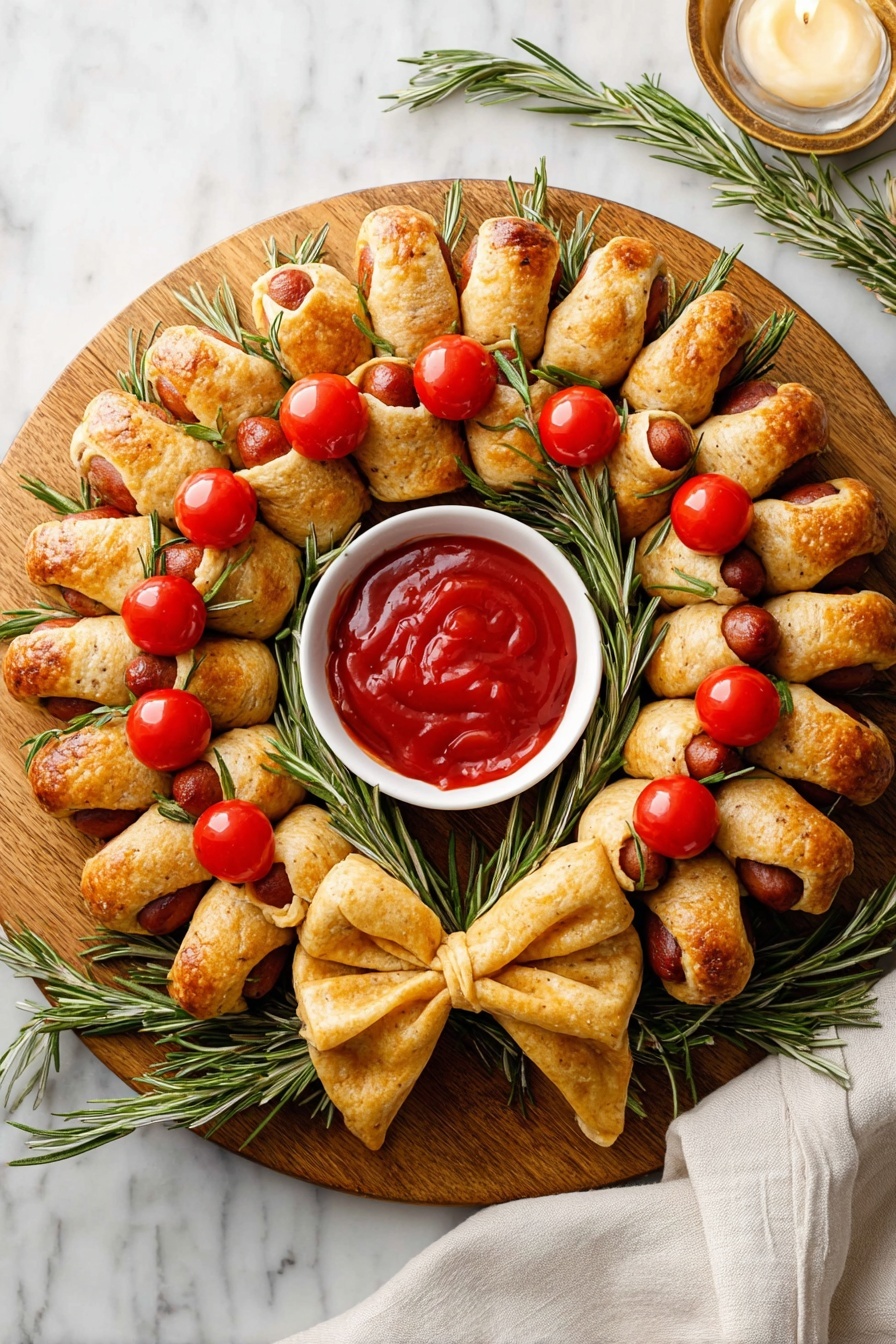 A round white plate holds a wreath-shaped snack made of golden brown dough wrapped around small sausages in two layers forming a ring. The dough is shiny with a crispy texture. Small red cherry tomatoes and light yellow star-shaped cheese pieces are placed evenly on top of the dough and sausages. Green sprigs of rosemary are tucked between the layers and around the wreath. At the center of the wreath is a white bowl filled with bright red ketchup. The wreath is decorated at the bottom with a large dough bow, matching the wreath’s golden color. The plate rests on a white marbled surface with a green and white checkered cloth underneath. photo taken with an iphone --ar 2:3 --v 7 - Pigs in a Blanket Wreath, festive appetizer ideas, easy party appetizers, holiday appetizer recipes, party centerpieces