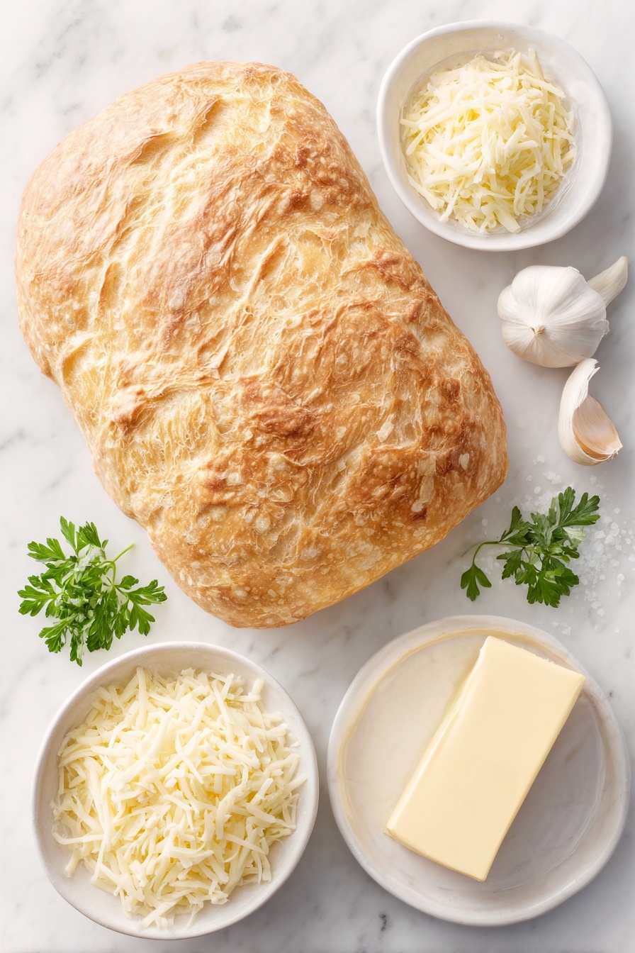 Flat lay of a whole crusty sourdough loaf with a golden-brown crust, a small mound of shredded mozzarella cheese, a stick of unsalted butter with a smooth, creamy texture, two plump garlic cloves, a small white ceramic bowl containing coarse salt, and a few sprigs of fresh green parsley, all arranged in perfect symmetry on simple white ceramic dishes and bowls, placed on a clean white marble surface, soft natural light, photo taken with an iPhone, professional food photography style, fresh ingredients, white ceramic bowls, no bottles, no duplicates, no utensils, no packaging --ar 2:3 --v 7 --p m7354615311229779997 - Cheesy Garlic Pull-Apart Bread, easy cheesy bread recipe, garlicky bread heard, cheesy pull-apart appetizer, flavorful bread for parties