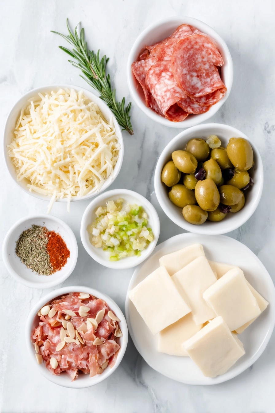 Flat lay of finely shredded provolone cheese in a small white bowl, finely shredded parmesan cheese in a small white bowl, chopped bright green pepperoncini in a small white bowl, chopped blanched almonds in a small white bowl, finely chopped slices of red cured salami on a simple white plate, chopped marinated artichoke hearts in a small white bowl, two whole uncracked garlic cloves beside chopped garlic on a small white plate, a small white bowl with mixed Italian seasoning herbs, a small white bowl with coarse kosher salt, a small white bowl with crushed red pepper flakes, four whole uncracked cream cheese blocks arranged symmetrically on a white plate, halved glossy green Cerignola olives in a small white bowl, halved deep purple Kalamata olives in a small white bowl, halved black Cerignola olives in a small white bowl, roasted red pepper pieces in a small white bowl, fresh rosemary sprigs placed neatly on a white plate, a thick slice of fresh white mozzarella on a simple white plate arranged in perfect symmetry, all ingredients placed on a clean white marble surface, soft natural light, photo taken with an iPhone, professional food photography style, fresh ingredients, white ceramic bowls, no bottles, no duplicates, no utensils, no packaging --ar 2:3 --v 7 --p m7354615311229779997 - Cheese Ball Christmas Tree, festive cheese ball appetizer, holiday cheese ball, Christmas party appetizer, Christmas cheese centerpiece