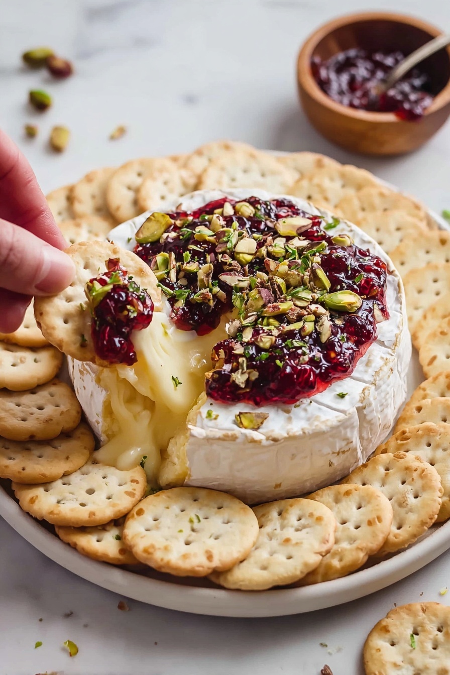A round soft cheese wheel is placed in the center of a white plate on a white marbled surface. The cheese has a creamy pale yellow inside and a smooth white rind. On top, there is a layer of thick dark red jam spread unevenly, sprinkled with chopped almonds, pistachios, and small green herb leaves. Around the cheese, there are many round pale beige crackers forming a loose circle. A woman's hand is holding one cracker with melted cheese dripping slightly onto the cracker. To the top right, there is a small wooden bowl filled with the same dark red jam and a spoon inside. photo taken with an iphone --ar 2:3 --v 7 - Baked Brie with Cranberry Sauce, easy holiday appetizer, flavorful Brie cheese dish, festive cheese appetizer, quick party snack