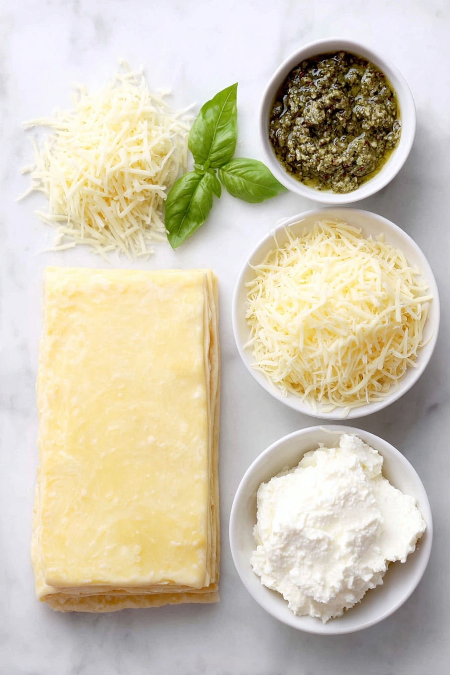 Flat lay of a rectangular sheet of pale golden puff pastry, a small white ceramic bowl with vibrant green basil pesto, a small white ceramic bowl with smooth white cream cheese, a small white ceramic bowl filled with finely shredded pale yellow cheese, placed on a clean white marble surface, soft natural light, photo taken with an iPhone, professional food photography style, fresh ingredients, white ceramic bowls, no bottles, no duplicates, no utensils, no packaging --ar 2:3 --v 7 --p m7354615311229779997 - Pesto Puff Pastry Christmas Trees, festive appetizer recipes, holiday finger foods, Christmas party snacks, easy holiday appetizers