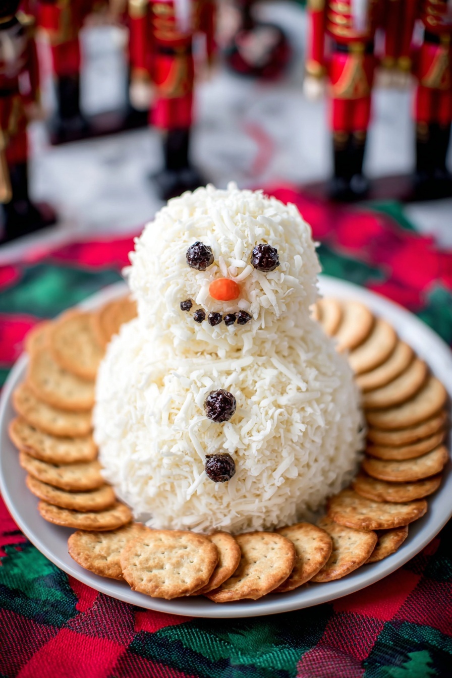 The image shows a two-layer snowman-shaped food item made of white shredded cheese or similar, forming a textured fluffy surface. The snowman has small black round peppercorns for eyes, mouth, and buttons, and a small orange carrot piece for the nose. It sits in the center of a round white plate, which is surrounded by round, flat, brown crackers placed evenly around the snowman. The background is a white marbled surface with a red, green, and black patterned cloth beneath the plate, and blurred red and black nutcracker figures in the background. photo taken with an iphone --ar 2:3 --v 7 - Ranch Snowman Cheeseball, festive cheeseball ideas, holiday appetizer recipes, easy cheese ball recipes, themed party appetizers