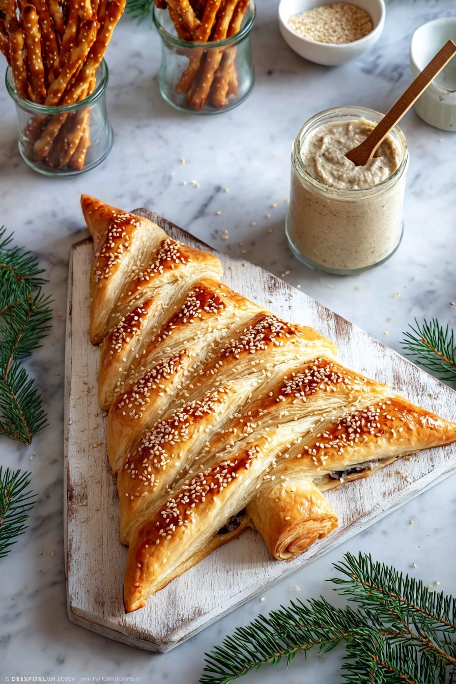 The image shows a puff pastry shaped like a Christmas tree on a white, rustic wooden board. The pastry has multiple twisted layers on each side, forming branches with golden brown color and a slightly shiny surface topped with sesame seeds. The middle part is a straight thick trunk with a similar golden color and flaky layers visible on the side. The tree has a pointed tip with the same twisted layering. Around the board, there are small green pine sprigs, a small white bowl with salt, a brush with light bristles, and a white marbled surface underneath everything. In the background and foreground, there are some twisted breadsticks in clear glass containers, also garnished with pine sprigs. Photo taken with an iphone --ar 2:3 --v 7 - Puff Pastry Christmas Tree Appetizer, festive holiday appetizer with puff pastry, easy Christmas party snack, savory pesto puff pastry bites, holiday appetizer ideas