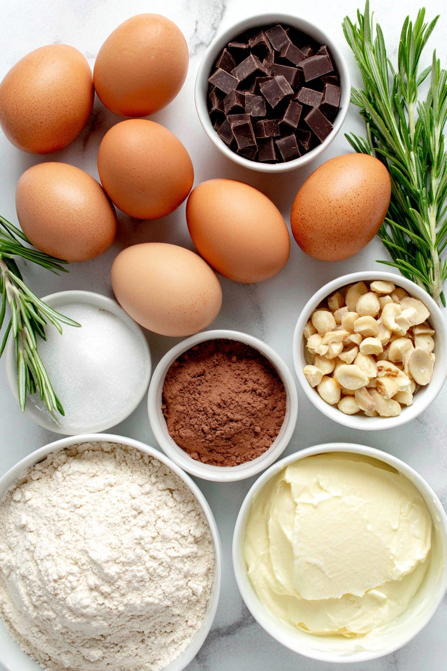 Flat lay of fresh whole brown eggs with smooth uncracked shells, a small white ceramic bowl of fresh bright red cranberries, several sprigs of vibrant green rosemary, a small white ceramic bowl of fine light brown natural cocoa powder, a small white ceramic bowl of fine white granulated sugar, a small white ceramic bowl of cake flour with a soft powdery texture, small white ceramic bowls containing thick cold heavy cream and a lighter small bowl with a darker thick cream mixture, a small white ceramic bowl of finely chopped semi-sweet dark chocolate pieces, a small white ceramic bowl of finely chopped light brown hazelnuts, and a small white ceramic bowl of clear water placed on a clean white marble surface, soft natural light, photo taken with an iPhone, professional food photography style, fresh ingredients, white ceramic bowls, no bottles, no duplicates, no utensils, no packaging --ar 2:3 --v 7 --p m7354615311229779997 - Chocolate Yule Log Cake, Yule Log Dessert, Holiday Chocolate Cake, Bûche de Noël, Festive Christmas Cake