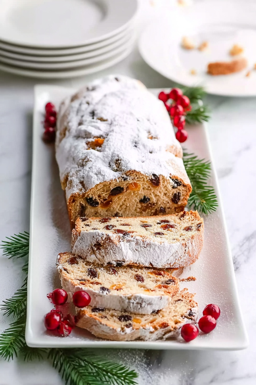 A large loaf of fruit bread covered with a thick layer of white powdered sugar sits on a white marbled surface. The loaf is partially sliced, showing two slices in front with a light brown crumb dotted with dark red cherries and nuts. To the left of the loaf is a metal sieve filled with powdered sugar. Small pine cones, green fir branches, and bright red berries decorate the corners of the scene, giving a festive feel. Photo taken with an iphone --ar 2:3 --v 7 - German Stollen Bread with Dried Fruit, traditional German Christmas bread, festive fruit bread recipe, homemade holiday stollen, dried fruit Christmas bread