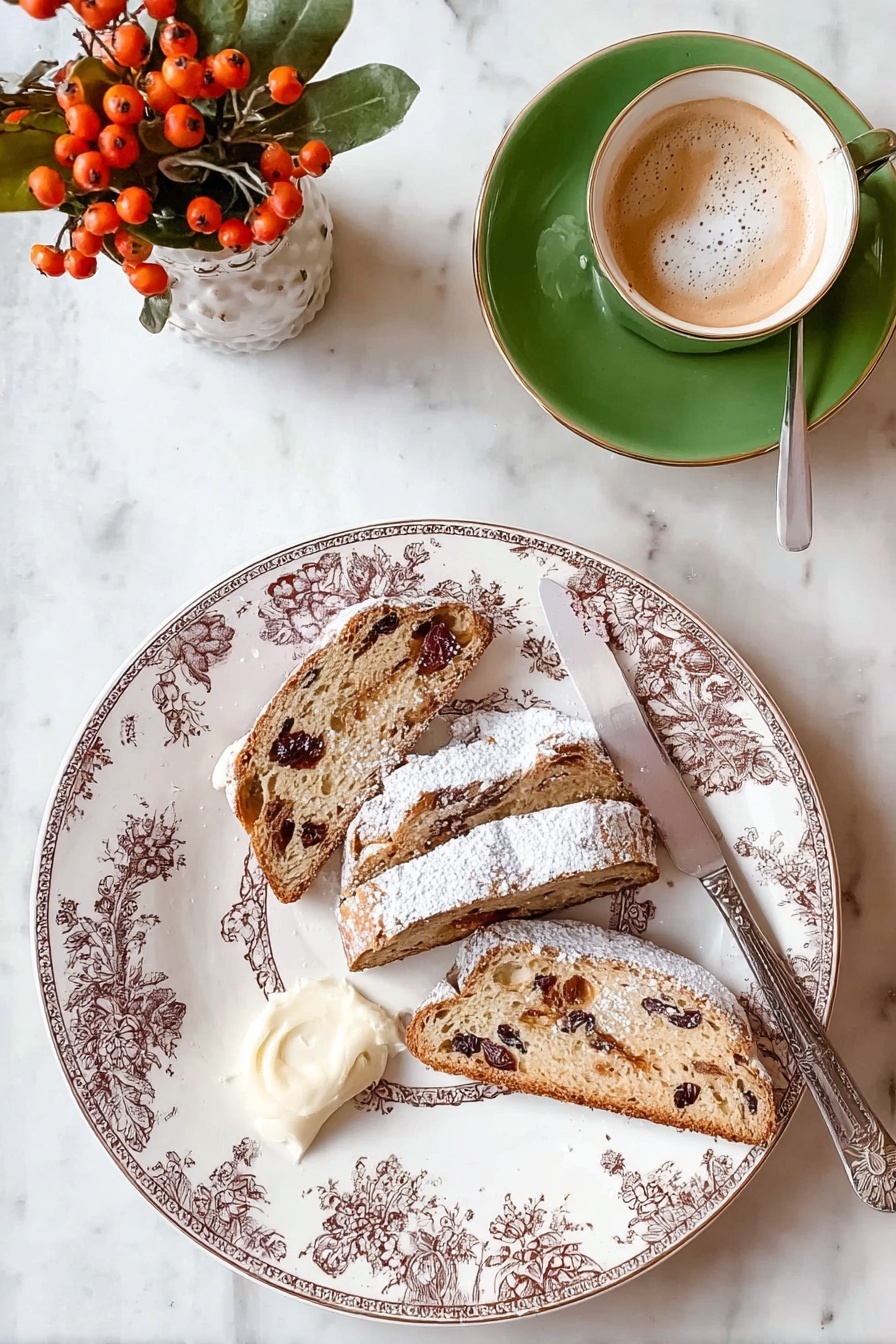 The image shows a white plate with brown floral patterns, holding four uneven slices of fruit bread with visible dried fruit pieces inside. The bread slices are lightly dusted with powdered sugar. On the plate near the bread, there is a small spread of white cream or butter with a silver knife resting on the plate. Above the plate, a green cup and saucer filled with foamed coffee is seen, accompanied by a silver spoon with some froth on it. In the top left corner, a small white vase with orange-red berries and green leaves is placed on a white marbled surface. photo taken with an iphone --ar 2:3 --v 7 - German Stollen Bread with Dried Fruit, traditional German Christmas bread, festive fruit bread recipe, homemade holiday stollen, dried fruit Christmas bread