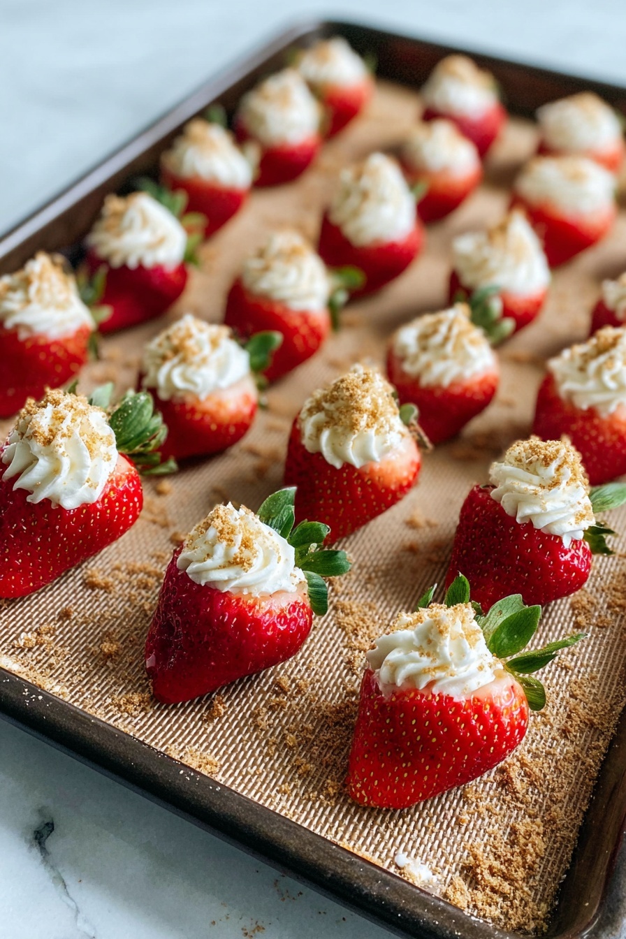 There is a tray filled with several half strawberries arranged in rows. Each strawberry half is bright red with green leaves at the base and has a swirl of white cream on top. Light brown crumbs are sprinkled over the cream and the tray surface, which is covered with a beige textured mat. The tray itself is dark but the whole setup is placed on a white marbled surface. Photo taken with an iphone --ar 2:3 --v 7 - Deviled Strawberries with Cream Cheese Filling, no-bake strawberry desserts, easy fruit appetizers, creamy berry treats, quick strawberry snacks