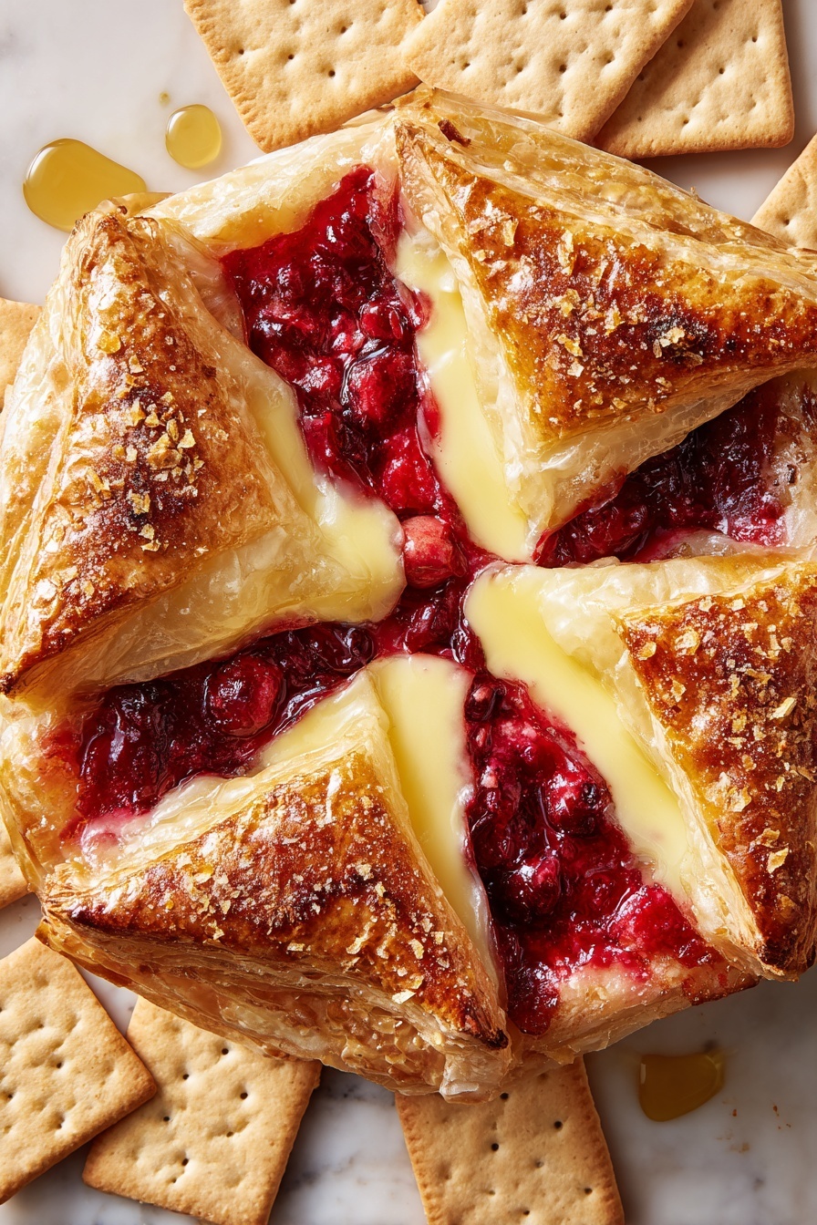 The image shows a round baked dish with four thick triangular layers of golden-brown flaky pastry, each sprinkled with coarse sugar on top. The triangles fold inward, revealing a bright red, chunky berry filling beneath, which looks juicy and rich in texture. There is a creamy off-white layer peeking from under the pastry on two corners, with some melted cheese oozing out slightly. The dish is surrounded by light tan square crackers, some drizzled with honey or syrup. The entire scene is set on a white marbled surface. photo taken with an iphone --ar 2:3 --v 7 - Maple Cranberry Baked Brie, holiday appetizer with baked brie, easy festive appetizer recipes, cranberry baked brie pastry, holiday cheese appetizer