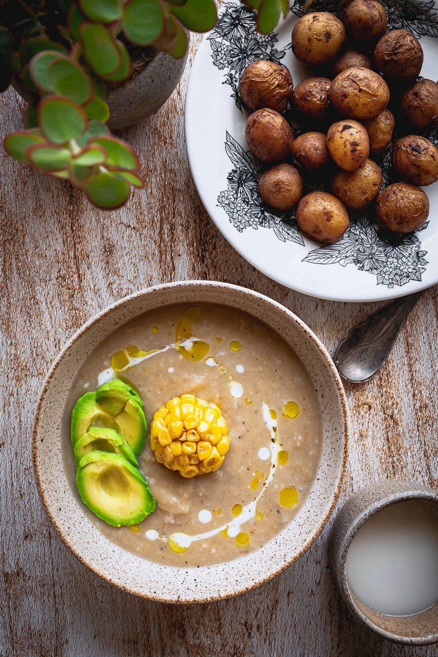 A black bowl filled with thick light brown soup with some chunks, topped with a small yellow and white corn cob piece centered, and avocado slices on the top right side. The soup has white cream swirls and small golden oil drops scattered on the surface. The bowl sits on a wooden surface with two old silver spoons placed to the left. photo taken with an iphone --ar 2:3 --v 7 - Colombian Chicken Ajiaco Soup, Colombian ajiaco recipe, Colombian chicken soup, traditional Colombian soup, hearty Colombian ajiaco