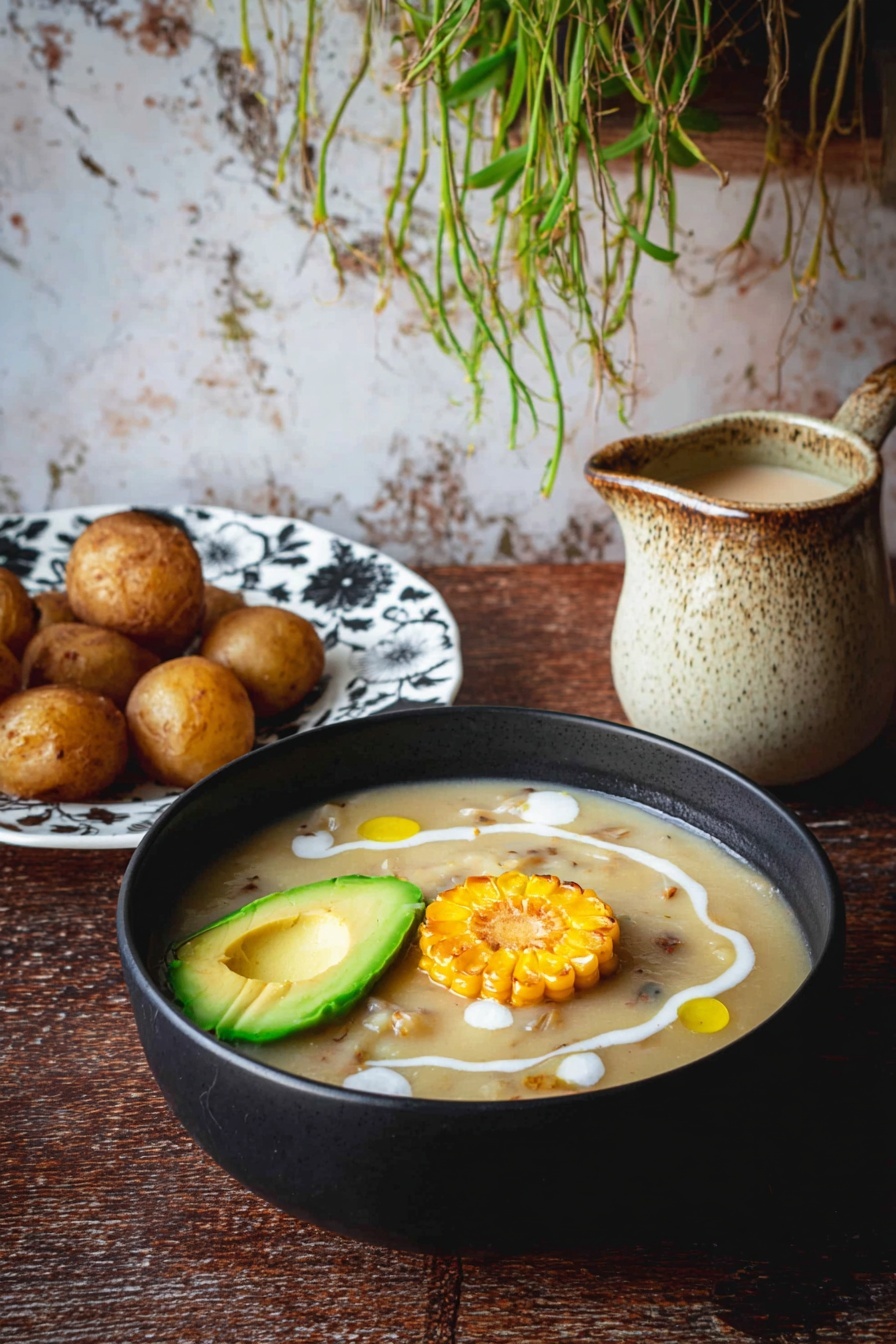 A bowl filled with a creamy, light beige soup with visible chunks, topped with a bright yellow corn piece placed in the center and three slices of green avocado arranged on the left side. White drizzle and small drops of yellow oil decorate the soup's surface. Next to it, a white plate with a black floral pattern holds a pile of small brown round potatoes, some darker and some lighter. A silver spoon rests on the plate's edge. On the side, a small bowl contains a white drink on a white marbled surface. A green plant with round leaves is partly visible at the top left corner. Photo taken with an iphone --ar 2:3 --v 7 - Colombian Chicken Ajiaco Soup, Colombian ajiaco recipe, Colombian chicken soup, traditional Colombian soup, hearty Colombian ajiaco