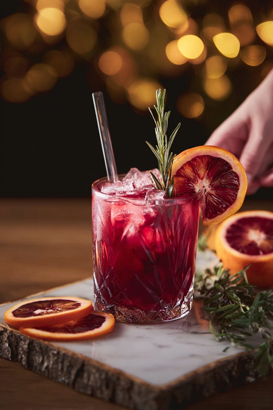 A clear glass filled with dark pink drink and several ice cubes inside, garnished with a small green rosemary sprig placed vertically in the glass. The glass is decorated with a curved slice of blood orange on the rim. The glass sits on a small square wooden board with rough bark edges. Next to the board, two slices of blood orange lie on a white marbled surface, accompanied by a small piece of rosemary. A woman's hand holds a transparent straw inside the glass. The background shows blurry golden lights creating a warm atmosphere. photo taken with an iphone --ar 2:3 --v 7 - Blood Orange Cranberry Mocktail, festive non-alcoholic drinks, holiday mocktail recipes, easy fruit mocktail, sparkling cranberry orange drink