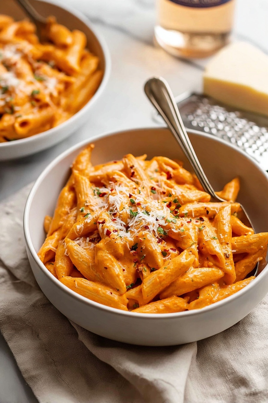 A white bowl filled with penne pasta covered in a thick, smooth orange sauce. The pasta is topped with finely grated white cheese and small green herb pieces, with scattered red pepper flakes adding contrast. A silver spoon is placed inside the bowl on the right side. The bowl sits on a light beige cloth on a white marbled surface, with a second bowl of the same pasta slightly blurred in the background and a block of cheese with a metal grater on the right side. Photo taken with an iphone --ar 2:3 --v 7 - Creamy Vodka Penne Pasta, creamy vodka pasta, easy penne pasta recipe, homemade vodka penne, rich pasta dishes