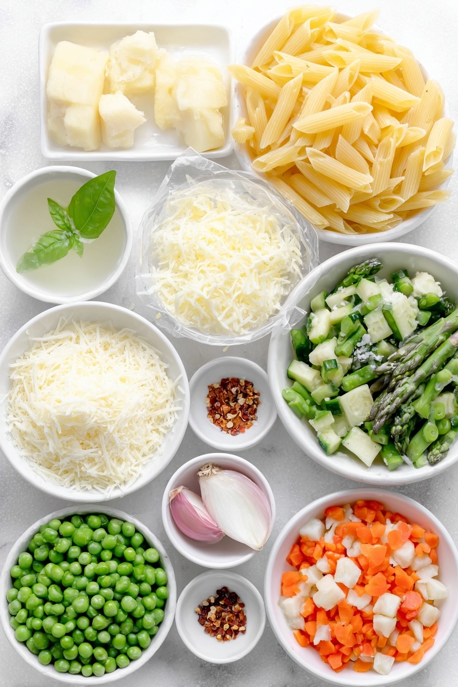 Flat lay of smashed garlic cloves, a few pinches of kosher salt scattered neatly, a small mound of unsalted butter softened and creamy, a small white bowl with finely grated lemon zest, uncooked penne rigate pasta arranged in a small pile, a simple white bowl filled with hot water, a small heap of grated Parmesan cheese, thinly sliced fresh basil leaves arranged in a small white bowl, a pinch of red pepper flakes in a tiny white bowl, a whole medium shallot peeled and whole, asparagus spears cut into 1-inch diagonal pieces, a small diced zucchini, julienned carrots in a small neat pile, diced orange bell pepper pieces, broccolini trimmed and cut into 1-inch segments, sugar snap peas halved on the diagonal, fresh green peas, halved cherry tomatoes neatly arranged placed on a clean white marble surface, soft natural light, photo taken with an iPhone, professional food photography style, fresh ingredients, white ceramic bowls, no bottles, no duplicates, no utensils, no packaging --ar 2:3 --v 7 --p m7354615311229779997 - One-Pot Spring Pasta Primavera, spring vegetable pasta, easy pasta primavera, healthy pasta dish, quick weeknight dinner