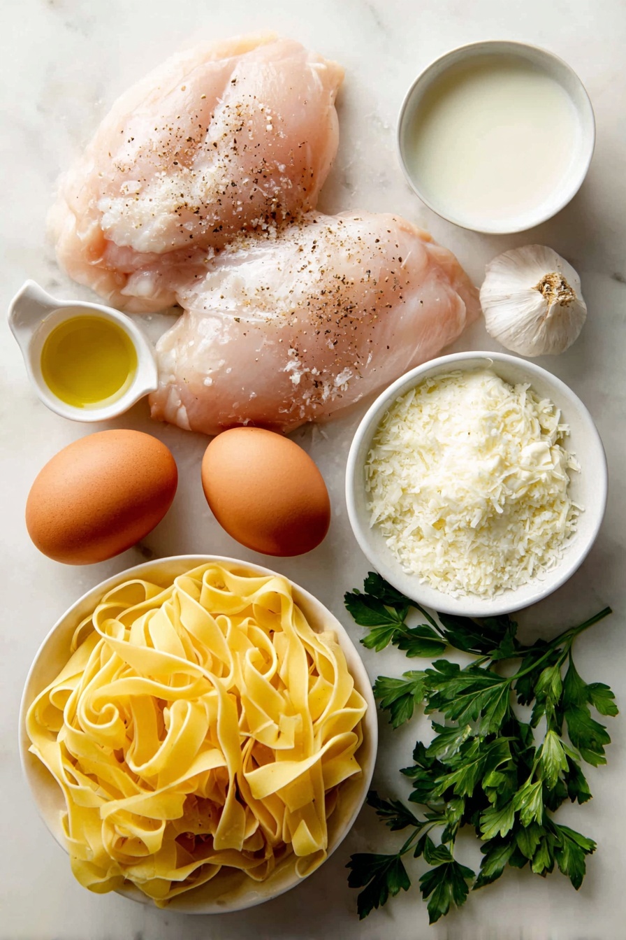 Flat lay of two plump boneless, skinless chicken breasts seasoned with kosher salt and freshly ground black pepper, two whole uncracked brown eggs, two peeled garlic cloves, a small white ceramic bowl of extra-virgin olive oil, a small white ceramic bowl of whole milk, a small white ceramic bowl of low-sodium chicken broth, a neat bundle of uncooked fettuccine pasta, a small white ceramic bowl filled with finely grated Parmesan cheese, a small white ceramic bowl of heavy cream, and a small pile of finely chopped fresh parsley leaves, all arranged in perfect symmetry on a clean white marble surface, soft natural light, photo taken with an iPhone, professional food photography style, fresh ingredients, white ceramic bowls, no bottles, no duplicates, no utensils, no packaging --ar 2:3 --v 7 --p m7354615311229779997 - Creamy Chicken Alfredo Pasta, easy homemade Alfredo sauce, chicken pasta recipes, quick weeknight dinner ideas, restaurant-style chicken Alfredo