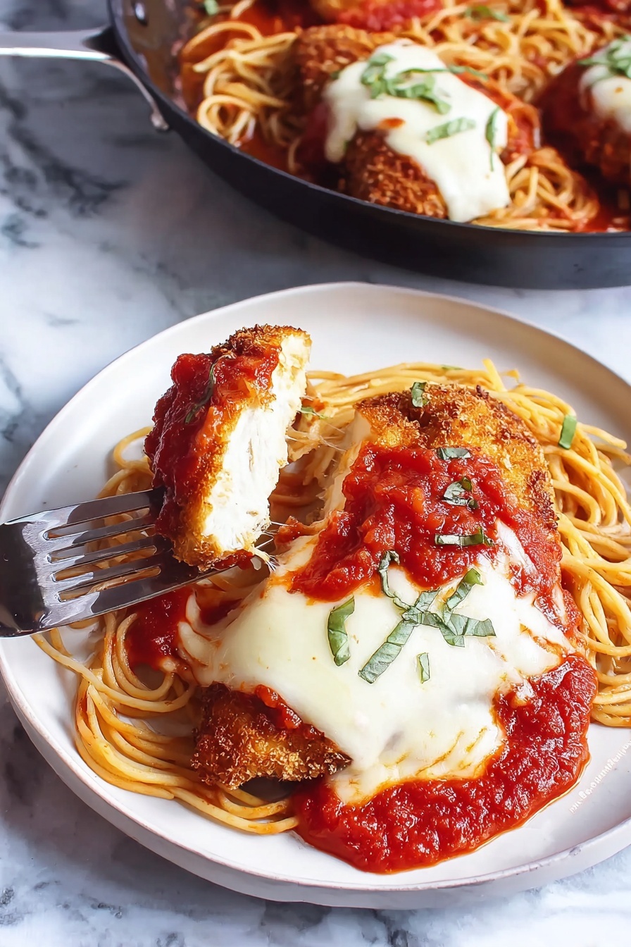On a white plate, there is a base layer of light yellow spaghetti noodles spread in a circular shape. On top of the noodles is a thick layer of red tomato sauce with visible small chunks of tomato and herbs. Above the sauce lies a piece of browned, crispy chicken with a golden crust. Covering most of the chicken is a smooth, melted white cheese slice with some specks of black seasoning on it. A fork is lifting a piece of the chicken, showing its white inside. The plate is placed on a white marbled surface. Photo taken with an iphone --ar 2:3 --v 7 - Skillet Chicken Parmesan, chicken parmesan recipe, easy chicken parmesan, one-pan chicken parmesan, crispy chicken parmesan
