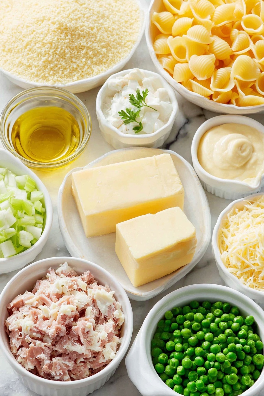 Flat lay of a small mound of light golden panko breadcrumbs in a simple white ceramic bowl, a small white bowl of golden olive oil, a small white bowl of finely shredded parmesan cheese, a few bright green flat leaf parsley sprigs laid delicately, a small pile of uncooked shell pasta, three shiny pieces of unsalted butter stacked neatly, a small white bowl filled with diced pale green celery, a small white bowl with diced light purple shallots, a single white garlic clove resting next to finely grated garlic pieces, a small white bowl of all-purpose flour, a small white bowl containing smooth yellow dijon mustard, a small white bowl of clear golden low sodium chicken broth, a small white bowl of warm white milk, a small white bowl heaped with shredded bright orange cheddar cheese, two neat piles of flaky pale pink canned tuna chunks without packaging, and a small white bowl of fresh bright green peas, all arranged symmetrically and balanced, placed on a clean white marble surface, soft natural light, photo taken with an iPhone, professional food photography style, fresh ingredients, white ceramic bowls, no bottles, no duplicates, no utensils, no packaging --ar 2:3 --v 7 --p m7354615311229779997 - Easy Tuna Noodle Casserole, tuna noodle casserole, cheesy tuna casserole, homemade tuna casserole, quick tuna casserole