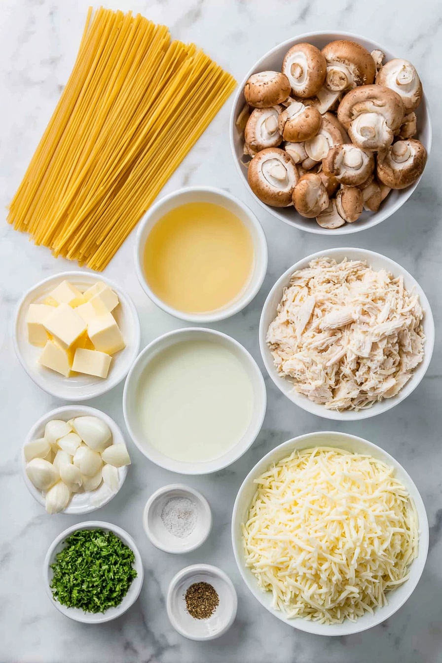 Flat lay of linguine pasta arranged neatly, shredded rotisserie chicken piled softly, thickly sliced fresh button mushrooms, one medium yellow onion finely diced, four peeled garlic cloves whole, two tablespoons golden olive oil in a small white bowl, four tablespoons pale unsalted butter in a small white bowl, a small white bowl of all-purpose flour, a small white bowl of light golden chicken broth, another small white bowl with clear lemon juice, a small white bowl of creamy half and half, a small white bowl of coarse sea salt, a small white bowl of freshly ground black pepper, a small white bowl filled with chopped bright green parsley, and a small white bowl heaped with shredded white mozzarella cheese placed on a clean white marble surface, soft natural light, photo taken with an iPhone, professional food photography style, fresh ingredients, white ceramic bowls, no bottles, no duplicates, no utensils, no packaging --ar 2:3 --v 7 --p m7354615311229779997 - Creamy Chicken Tetrazzini Pasta Bake, easy chicken tetrazzini, cheesy pasta casserole, comforting chicken pasta, homemade tetrazzini recipe