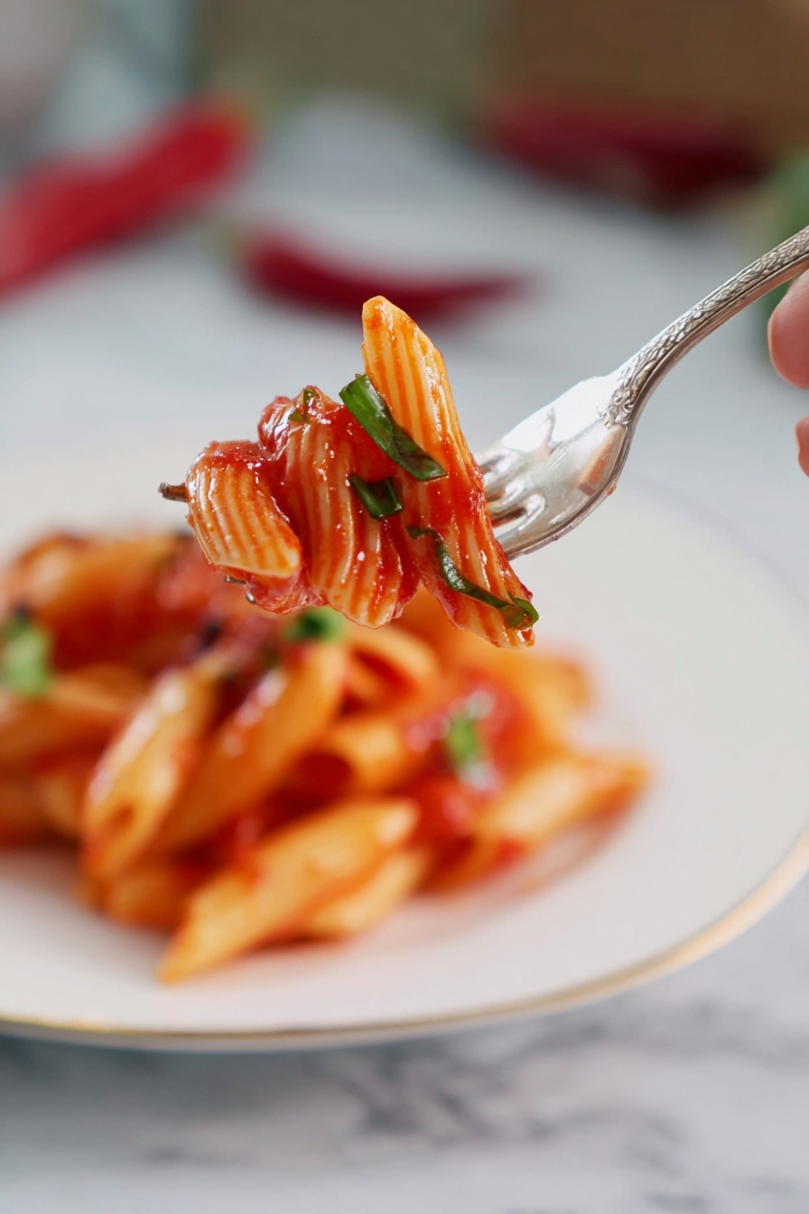 A close-up image of a plate filled with short tube-shaped pasta covered in bright red tomato sauce. The pasta has ridges and a slightly shiny texture, with pieces of small red chili pepper visible in the sauce. Fresh green herb leaves, roughly chopped, are sprinkled on top, adding contrast to the red sauce and pasta. The food sits on a white plate, placed on a white marbled surface, with a red chili pepper lying slightly out of focus in the background. photo taken with an iphone --ar 2:3 --v 7 - Spicy Penne Arrabbiata, Penne Arrabbiata, spicy pasta recipe, Italian pasta sauce, quick spicy dinner