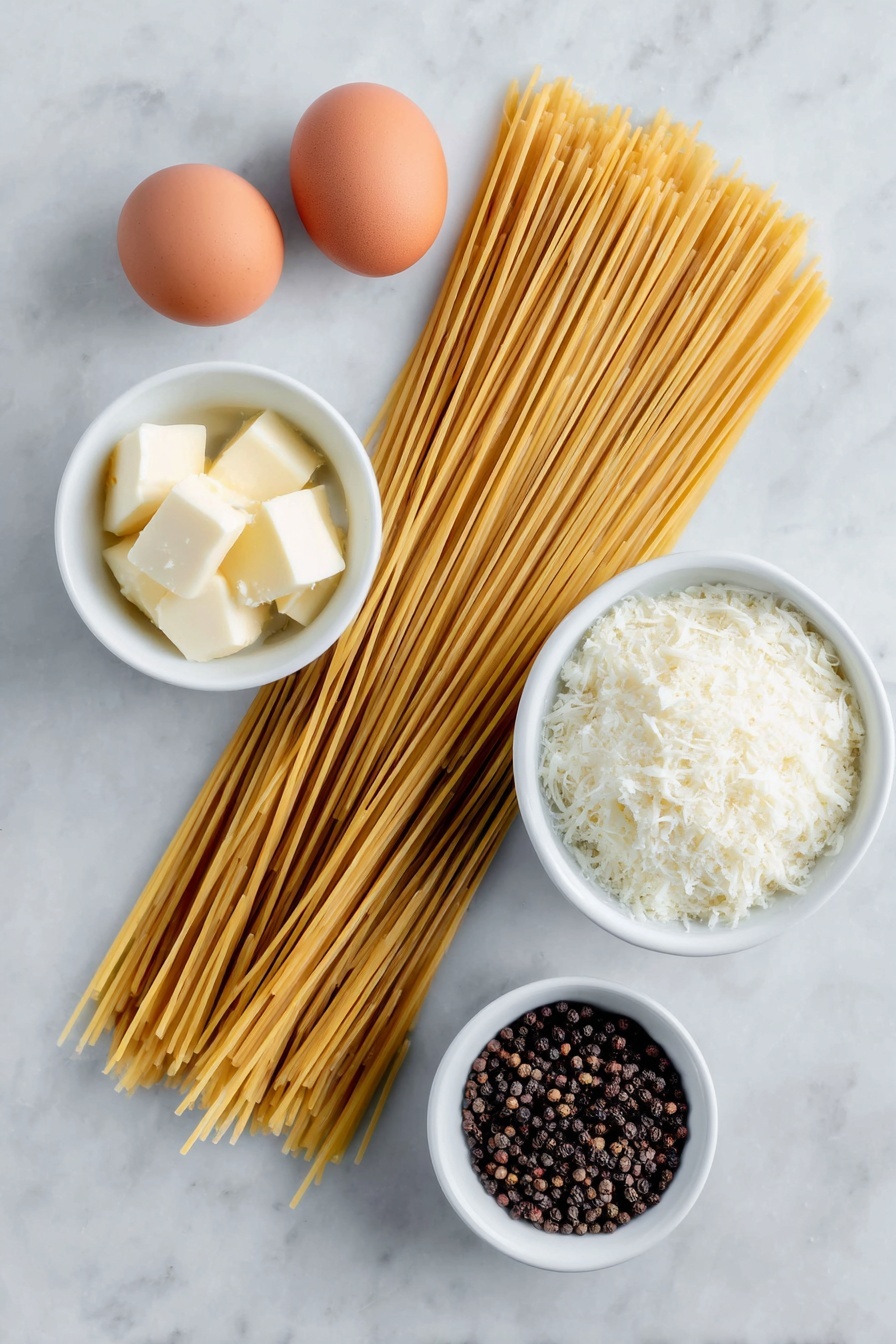 Flat lay of uncooked bucatini pasta nest, two whole brown eggs with clean shells, a small white bowl of unsalted butter chunks, a small white bowl filled with freshly grated Pecorino Romano cheese, a small white bowl containing coarsely cracked black peppercorns, all arranged in perfect symmetry on a simple white ceramic surface, placed on a clean white marble surface, soft natural light, photo taken with an iPhone, professional food photography style, fresh ingredients, white ceramic bowls, no bottles, no duplicates, no utensils, no packaging --ar 2:3 --v 7 --p m7354615311229779997 - Easy Cacio e Pepe Pasta, simple Cacio e Pepe recipe, quick pasta dinner, creamy cheese pasta, easy Italian pasta recipe