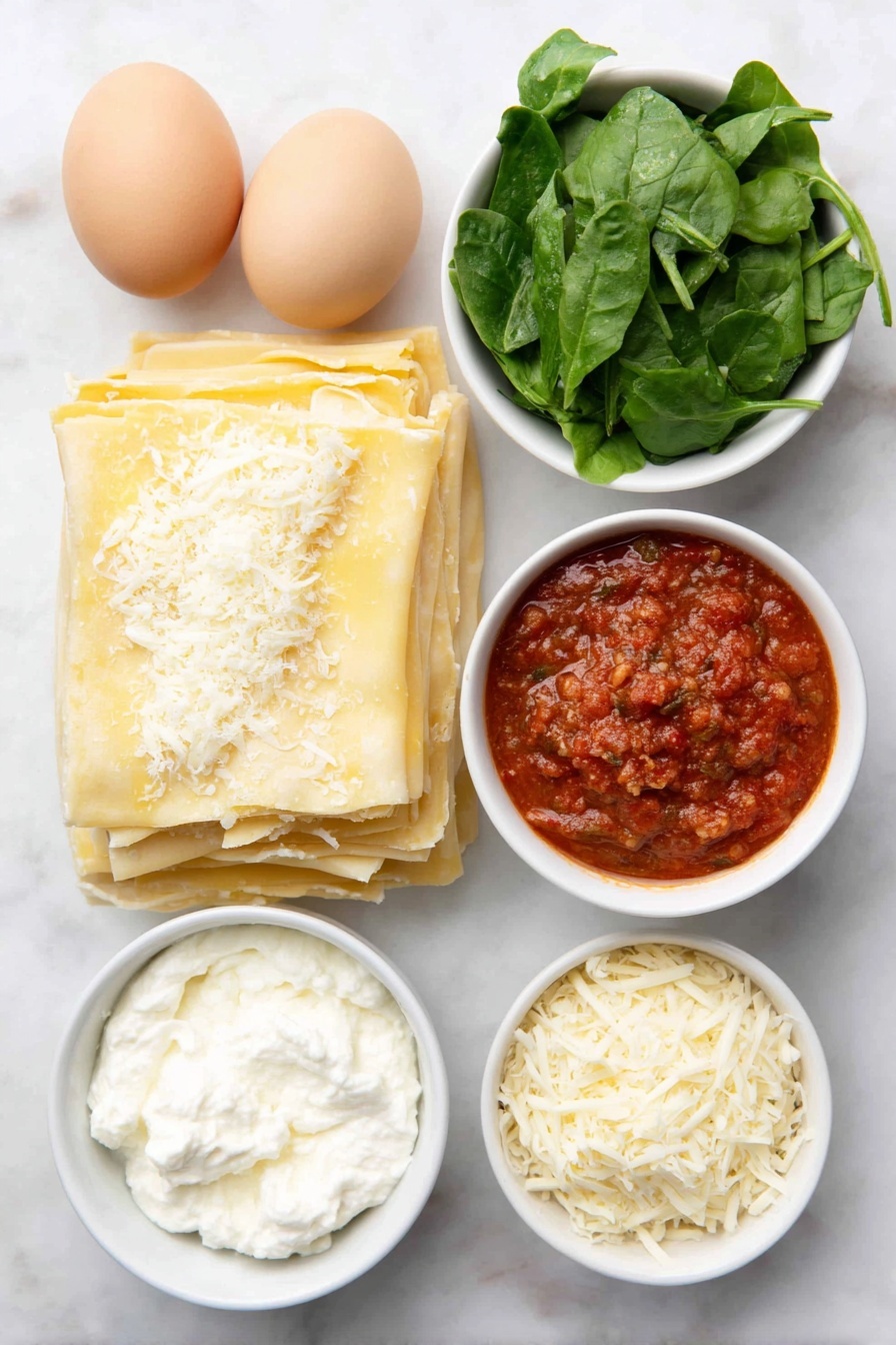 Flat lay of a small white ceramic bowl filled with diced fresh tomatoes, a few bright green basil sprigs, a small white bowl of golden olive oil, two whole garlic bulbs with clean white papery skins, a small pile of coarse sea salt crystals, a tiny mound of red pepper flakes, a simple mound of fresh low-fat cottage cheese, a small white bowl with finely chopped red onion, a small white bowl with quartered fresh artichoke hearts, a neat pile of vibrant organic baby spinach leaves, several whole uncracked brown eggs, a fan of uncooked no-boil lasagna noodles arranged neatly, a small white bowl filled with shredded creamy fontina cheese, a few loose basil leaves for garnish, all arranged symmetrically and balanced on a clean white marble surface, soft natural light, photo taken with an iPhone, professional food photography style, fresh ingredients, white ceramic bowls, no bottles, no duplicates, no utensils, no packaging --ar 2:3 --v 7 --p m7354615311229779997 - Spinach Artichoke Lasagna, vegetarian lasagna, healthy lasagna, comforting veggie lasagna, cheesy spinach and artichoke lasagna