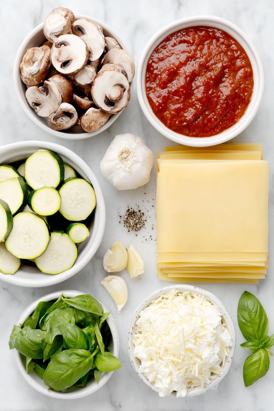 Flat lay of a small white ceramic bowl of extra-virgin olive oil, a cluster of fresh cremini mushrooms quartered, one red bell pepper cut into 1-inch pieces, a medium zucchini chopped into ½-inch pieces, half a yellow onion diced, a neat stack of dry lasagna noodles, a small white bowl filled with rich red marinara sauce, a small white bowl piled with fresh green spinach leaves, a small white bowl heaped with grated low-moisture part-skim mozzarella cheese, a smaller white bowl with grated pecorino cheese, fresh basil leaves arranged in a small pile, a small white bowl of creamy whole milk ricotta cheese, three whole uncracked garlic cloves, and a few strips of lemon zest placed symmetrically, sea salt and freshly ground black pepper sprinkled naturally across the scene—all ingredients fresh and natural, displayed on simple white ceramic containers—placed on a clean white marble surface, soft natural light, photo taken with an iPhone, professional food photography style, fresh ingredients, white ceramic bowls, no bottles, no duplicates, no utensils, no packaging --ar 2:3 --v 7 --p m7354615311229779997 - Vegetarian Roasted Vegetable Lasagna, healthy vegetarian lasagna, easy roasted vegetable lasagna, flavorful vegetable lasagna, cheesy vegetarian pasta bake