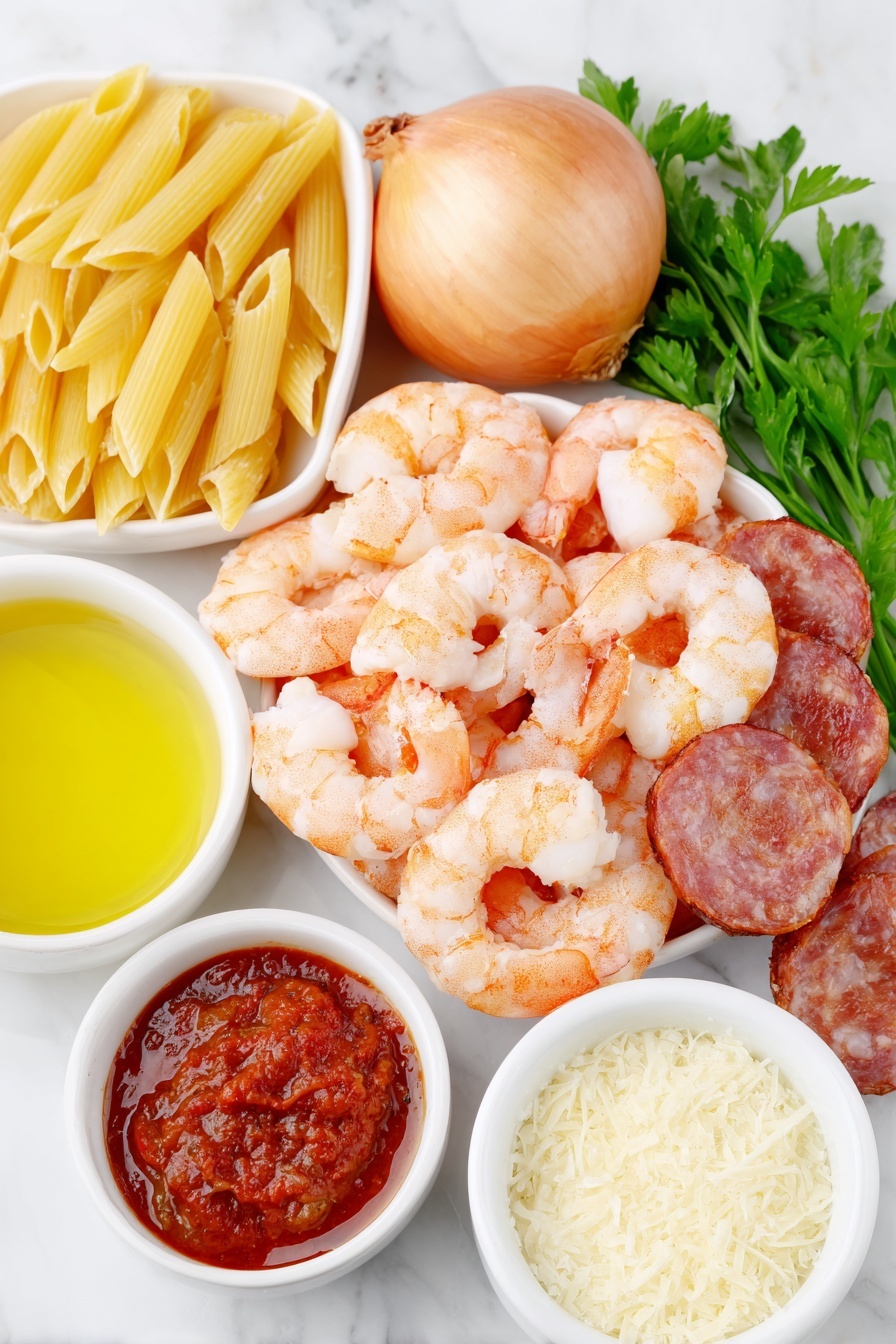 Flat lay of penne pasta in a small mound, a few plump raw shrimp with pink and white shells, several slices of smoked sausage with a reddish-brown crust, a whole large shallot with pale purple skin, thin slices of bright red bell pepper arranged neatly, two whole garlic cloves with papery white skins, a small white bowl of deep red tomato paste, a small white bowl of golden olive oil, a small white bowl of creamy half and half, a small white bowl of light golden chicken stock, a small white bowl filled with finely grated pale yellow Parmesan cheese, and a small bunch of fresh green parsley sprigs placed on a clean white marble surface, soft natural light, photo taken with an iPhone, professional food photography style, fresh ingredients, white ceramic bowls, no bottles, no duplicates, no utensils, no packaging --ar 2:3 --v 7 --p m7354615311229779997 - Cajun Shrimp and Sausage Pasta, Cajun Shrimp Pasta, Spicy Shrimp and Sausage Pasta, Easy Cajun Pasta, Quick Seafood Pasta