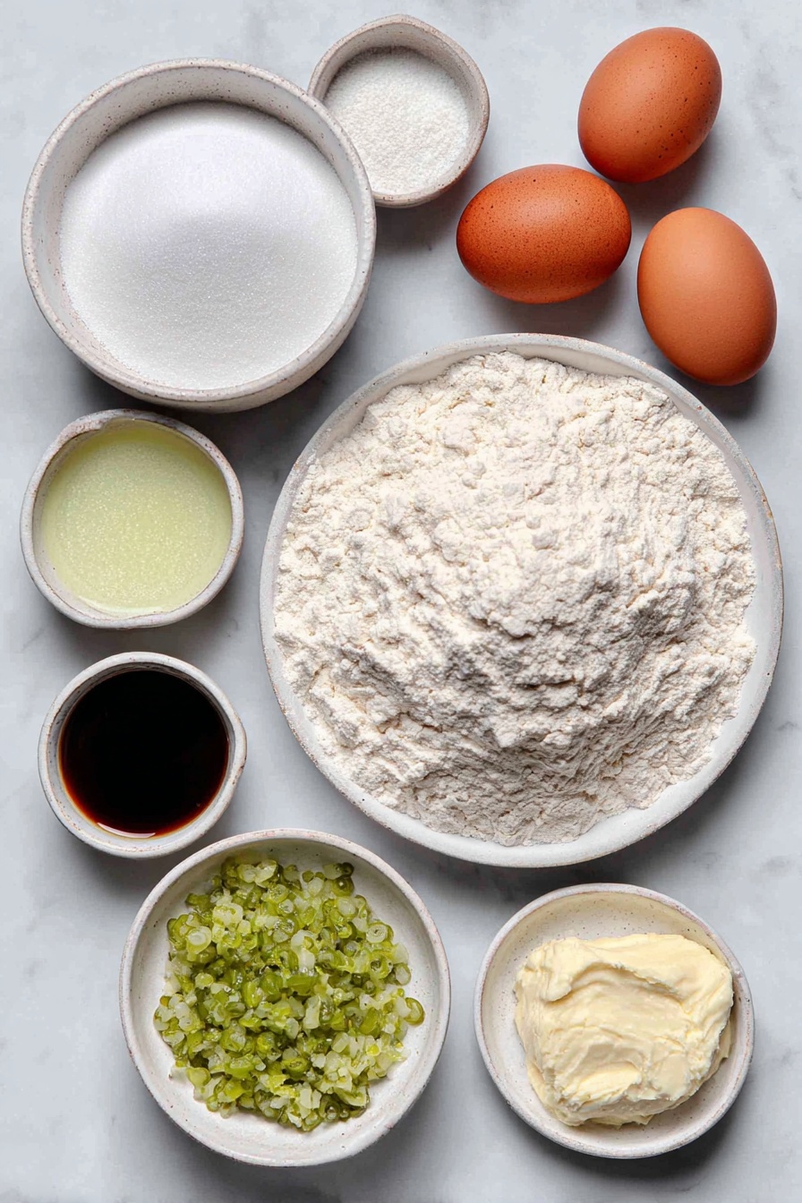 Flat lay of a small mound of all-purpose flour on a simple white ceramic plate, a white ceramic bowl filled with granulated sugar, a small white bowl containing fine baking soda powder, another small white bowl with fine salt, a small white bowl holding pale green pickle juice, a small white bowl with light golden vegetable oil, two whole uncracked brown eggs, a small white ceramic plate with finely chopped bright green dill pickles, and a small white bowl with clear vanilla extract liquid, all evenly spaced in perfect symmetry and balanced proportions, placed on a clean white marble surface, soft natural light, photo taken with an iPhone, professional food photography style, fresh ingredients, white ceramic bowls, no bottles, no duplicates, no utensils, no packaging --ar 2:3 --v 7 --p m7354615311229779997 - Sweet and Tangy Pickle Cake, unique pickle dessert, sweet and tangy cake, easy pickle cake recipe, innovative dessert ideas