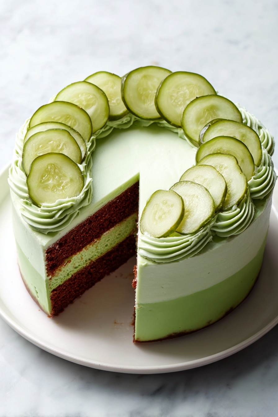 A round three-layer cake sits on a white plate on a white marbled surface. The bottom layer is a darker brown color, the middle layer is light green, and the top layer consists of smooth light green frosting. The frosting has a swirl pattern and eight pickle slices are evenly placed in a ring on the top surface. Two slices of the cake have been cut and removed, showing the clear layers inside. Photo taken with an iphone --ar 2:3 --v 7 - Sweet and Tangy Pickle Cake, unique pickle dessert, sweet and tangy cake, easy pickle cake recipe, innovative dessert ideas