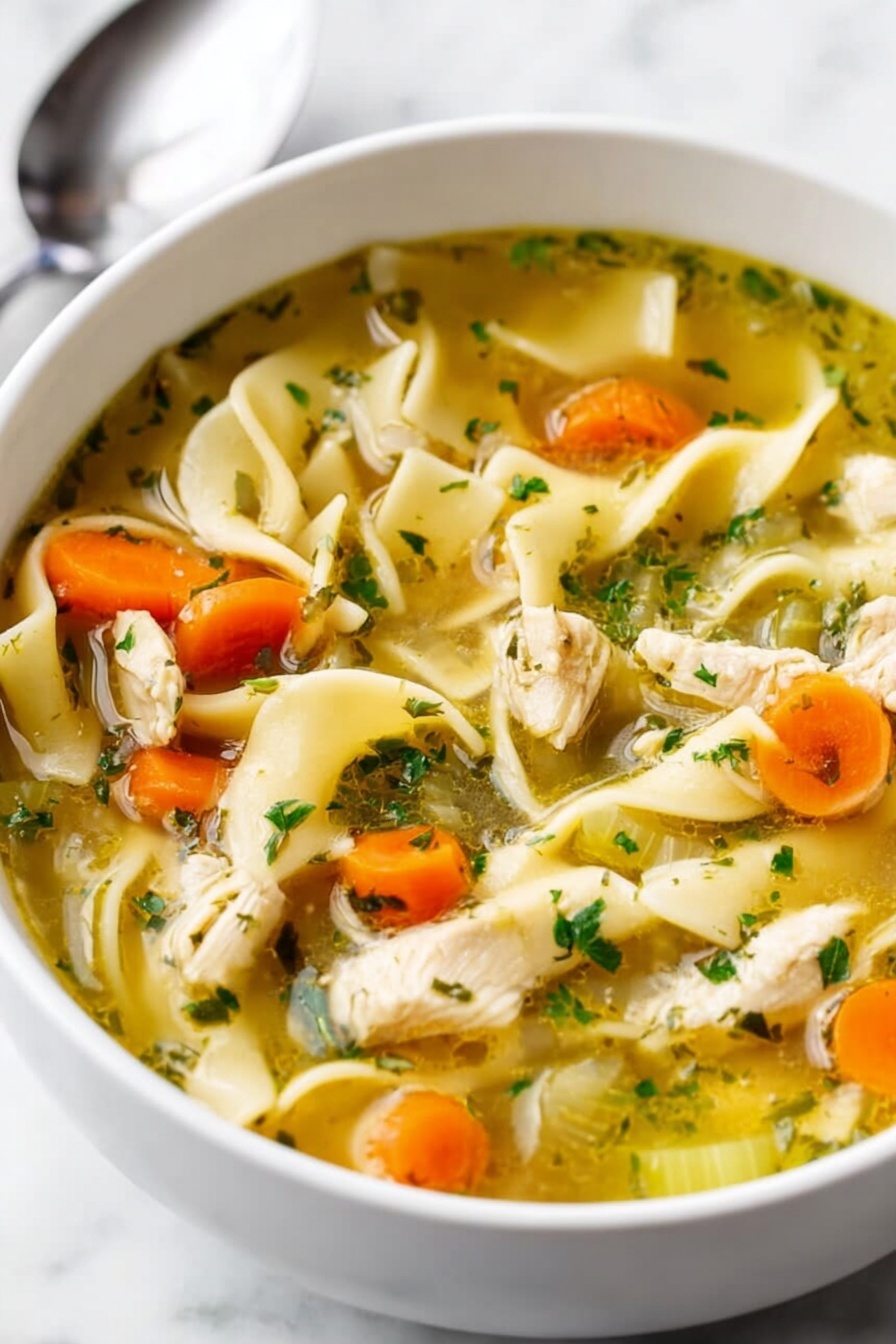 A large white pot with red handles, filled with chicken noodle soup, sits on a white marbled surface. The soup has a clear golden broth with small pieces of cooked chicken, wide flat egg noodles, bright orange carrot slices, and green celery bits all mixed together. A black ladle scoops up a portion of the soup, showing the layers of noodles, chicken, carrots, and celery clearly. Some fresh parsley is sprinkled on top, adding small green flecks throughout the soup. A few whole carrots and sprigs of parsley lie out of focus in the background. photo taken with an iphone --ar 2:3 --v 7 - Homemade Chicken Noodle Soup, homemade chicken noodle soup, comforting chicken noodle soup, easy chicken noodle soup, best chicken noodle soup