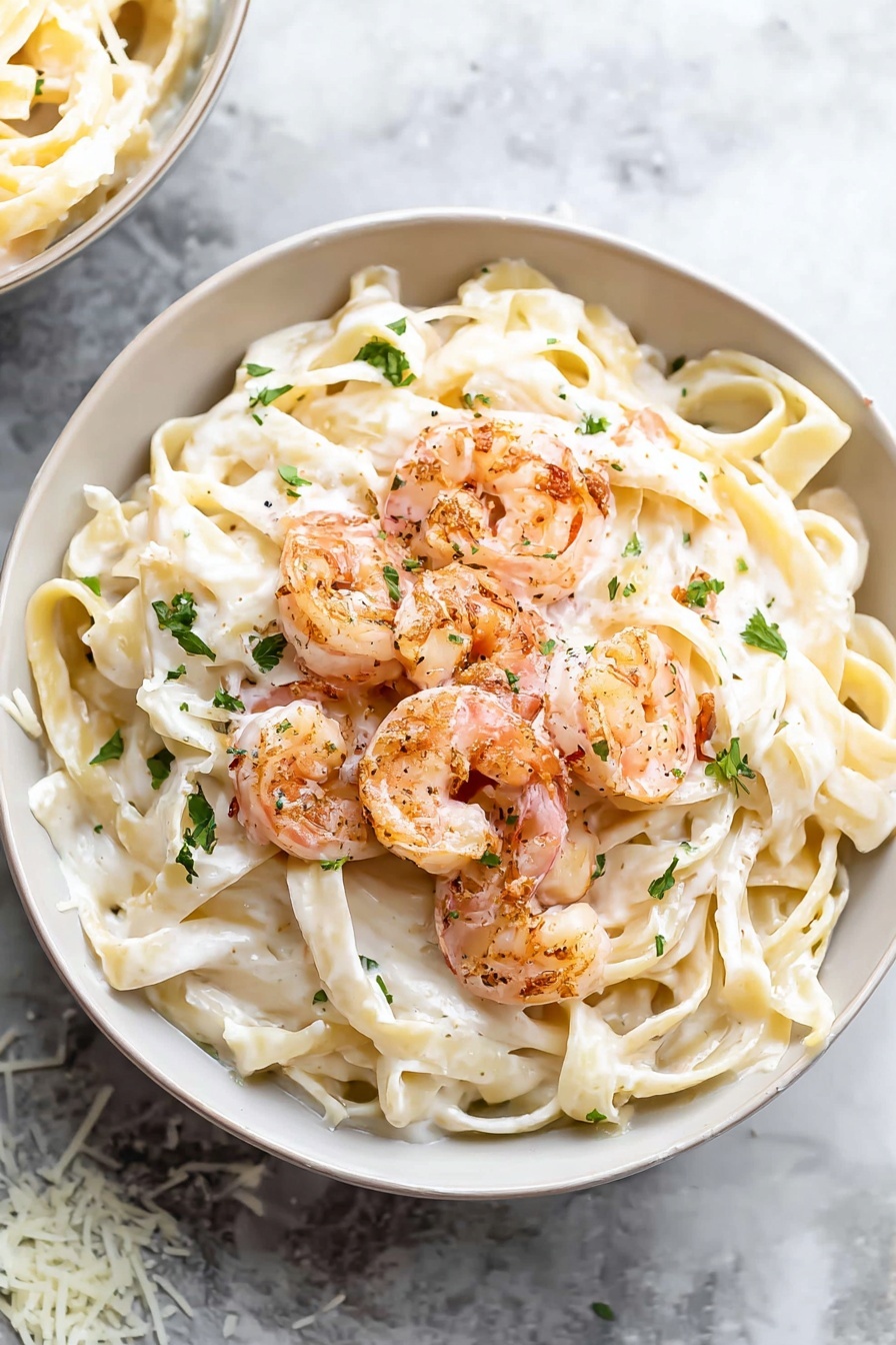 A white bowl filled with creamy fettuccine pasta spread evenly as the first layer, topped with several cooked shrimp arranged in a small pile in the center. The pasta has a smooth light beige sauce covering it, and small green herb pieces are sprinkled on top for color contrast. The shrimp are a light orange-pink with a firm texture, and the background is a white marbled surface. photo taken with an iphone --ar 2:3 --v 7 - Shrimp Alfredo Pasta, creamy shrimp pasta, easy Alfredo pasta, garlic shrimp pasta, quick seafood dinner