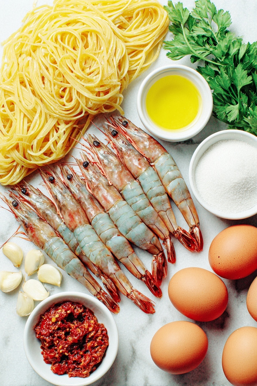 Flat lay of dry linguine nest, large raw shrimp with tails on arranged neatly, bright red Calabrian chili paste in a small white bowl, golden olive oil in a small white bowl, whole unpeeled garlic cloves scattered evenly, small white bowl of red pepper flakes, whole uncracked brown eggs not present so omitted, a small bunch of fresh parsley sprigs, fresh whole San Marzano tomatoes halved and squished, a small white bowl of light shrimp stock, a small white bowl containing fine white baking soda powder, placed on a clean white marble surface, soft natural light, photo taken with an iPhone, professional food photography style, fresh ingredients, white ceramic bowls, no bottles, no duplicates, no utensils, no packaging --ar 2:3 --v 7 --p m7354615311229779997 - Shrimp Fra Diavolo Pasta, spicy shrimp pasta recipe, Italian seafood pasta, easy seafood pasta, quick dinner shrimp recipe