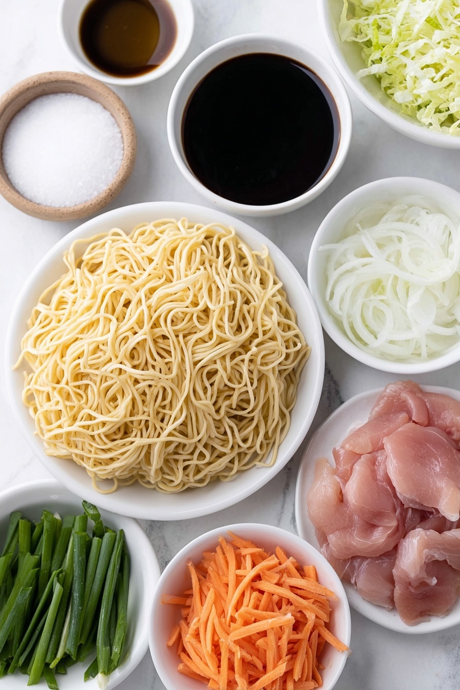 Flat lay of fresh pale yellow yakisoba noodles gently coiled in a simple white ceramic bowl, thinly sliced raw chicken thighs arranged neatly on a white plate, small white bowls containing glossy dark soy sauce, rich brown oyster sauce, amber mirin, dark Worcestershire sauce, and a light mound of fine white sugar, a few fresh shiitake mushrooms with smooth brown caps, a small white ceramic bowl filled with finely sliced translucent white onion, a white bowl holding vibrant orange julienned carrot sticks, a simple white bowl heaping with crisp pale green julienned cabbage, slender fresh green scallions sliced into thin strips on a white dish, and a white bowl with golden oil, all placed on a clean white marble surface, soft natural light, photo taken with an iPhone, professional food photography style, fresh ingredients, white ceramic bowls, no bottles, no duplicates, no utensils, no packaging --ar 2:3 --v 7 --p m7354615311229779997 - Easy Chicken Yakisoba Stir-Fry, Chicken Yakisoba recipe, Asian stir-fry with chicken, quick chicken stir-fry, veggie-filled Yakisoba dish