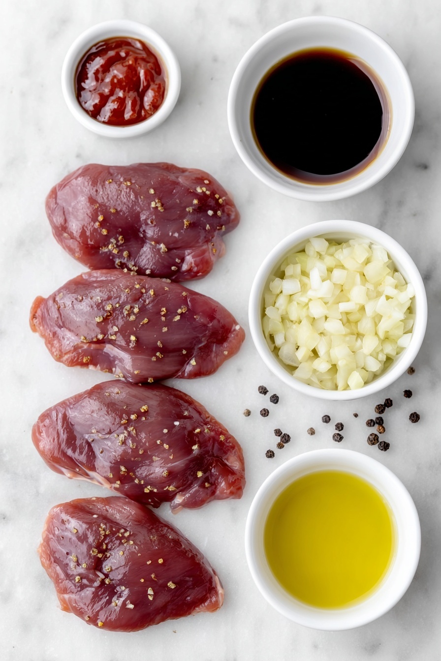 Flat lay of four raw skinned boned wild duck breast halves arranged symmetrically, a small white ceramic bowl with dark glossy Worcestershire sauce, a small white ceramic bowl of golden olive oil, a small white ceramic bowl filled with finely minced fresh garlic, a small white ceramic bowl holding deep red hot sauce, a few whole black peppercorns scattered artfully beside a small white ceramic bowl, placed on a clean white marble surface, soft natural light, photo taken with an iPhone, professional food photography style, fresh ingredients, white ceramic bowls, no bottles, no duplicates, no utensils, no packaging --ar 2:3 --v 7 --p m7354615311229779997 - Grilled Wild Duck Breast, Wild Duck Breast marinade, wild game poultry recipes, easy grilled duck, flavorful game bird recipes
