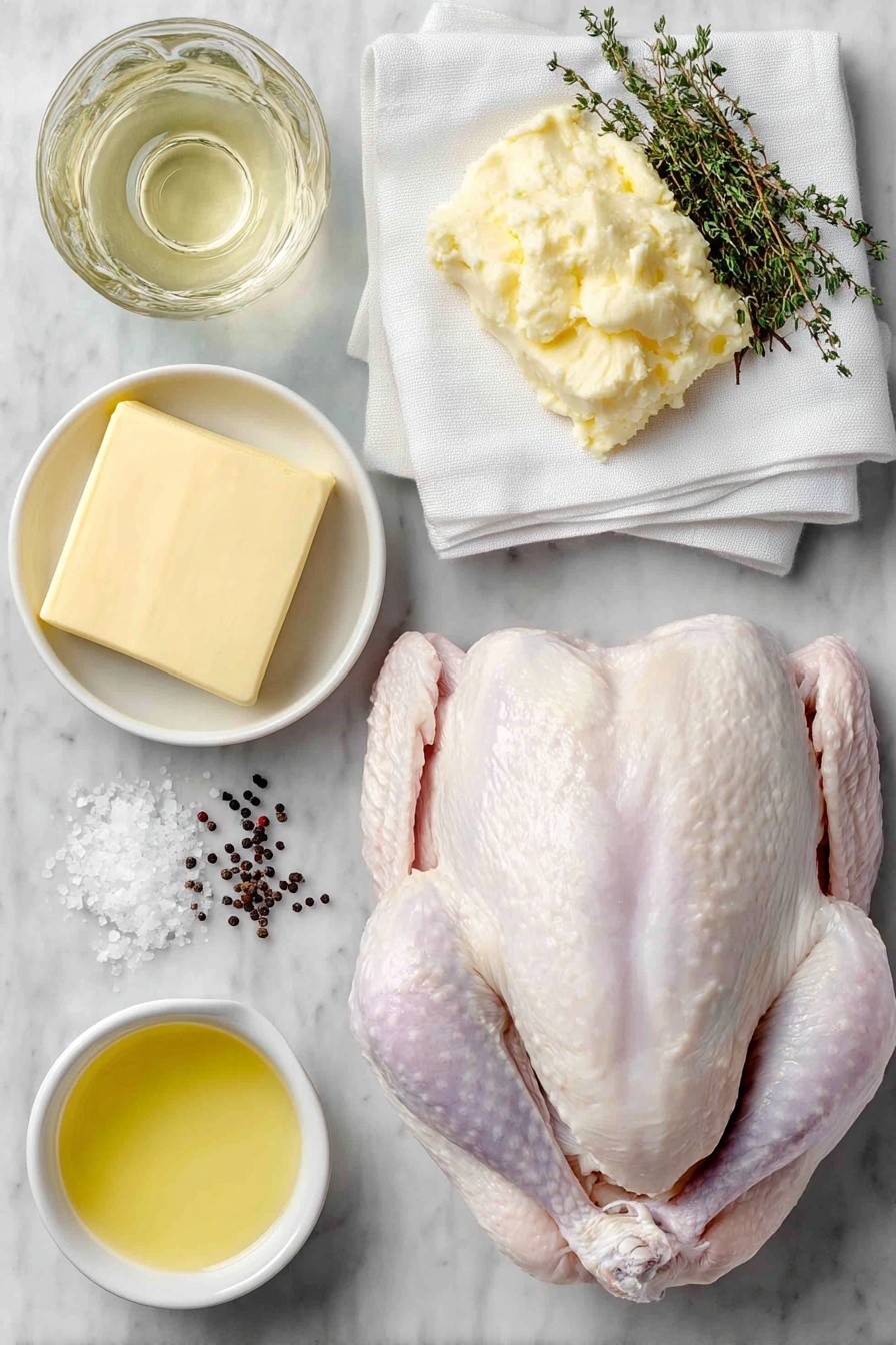 Flat lay of one fresh whole raw turkey with smooth pale skin, a small mound of pale yellow unsalted butter sticks, a few sprigs of fresh black peppercorns on the vine, coarse sea salt crystals scattered neatly, a large square of folded white cotton cheesecloth, a small white ceramic bowl filled with dry white wine, and a small white ceramic bowl of pale golden melted butter placed evenly around, all arranged in perfect symmetry on a clean white marble surface, soft natural light, photo taken with an iPhone, professional food photography style, fresh ingredients, white ceramic bowls, no bottles, no duplicates, no utensils, no packaging --ar 2:3 --v 7 --p m7354615311229779997 - Juicy Roast Turkey, Juicy Roast Turkey with Cheesecloth, moist turkey recipe, holiday turkey, tender roast turkey
