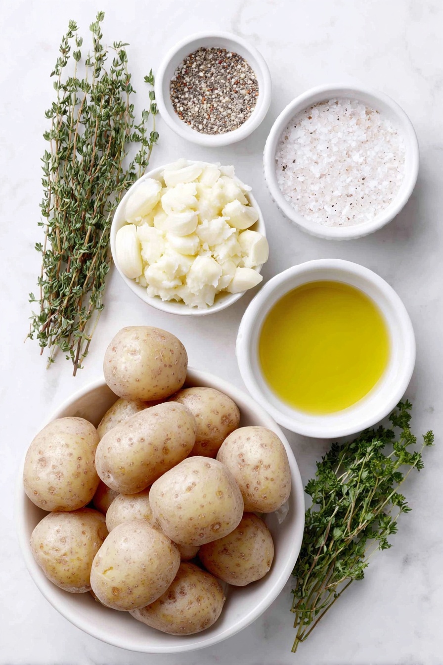 Flat lay of baby potatoes halved, unpeeled garlic cloves with skin on, fresh thyme sprigs, a small white bowl of extra virgin olive oil, a small white bowl of kosher salt, a small white bowl of black pepper, a few sprigs of fresh parsley placed on a clean white marble surface, soft natural light, photo taken with an iPhone, professional food photography style, fresh ingredients, white ceramic bowls, no bottles, no duplicates, no utensils, no packaging --ar 2:3 --v 7 --p m7354615311229779997 - Oven-Roasted Garlic Potatoes, crispy garlic potatoes, easy roasted potato side dish, flavorful potato recipes, garlicky roasted potatoes