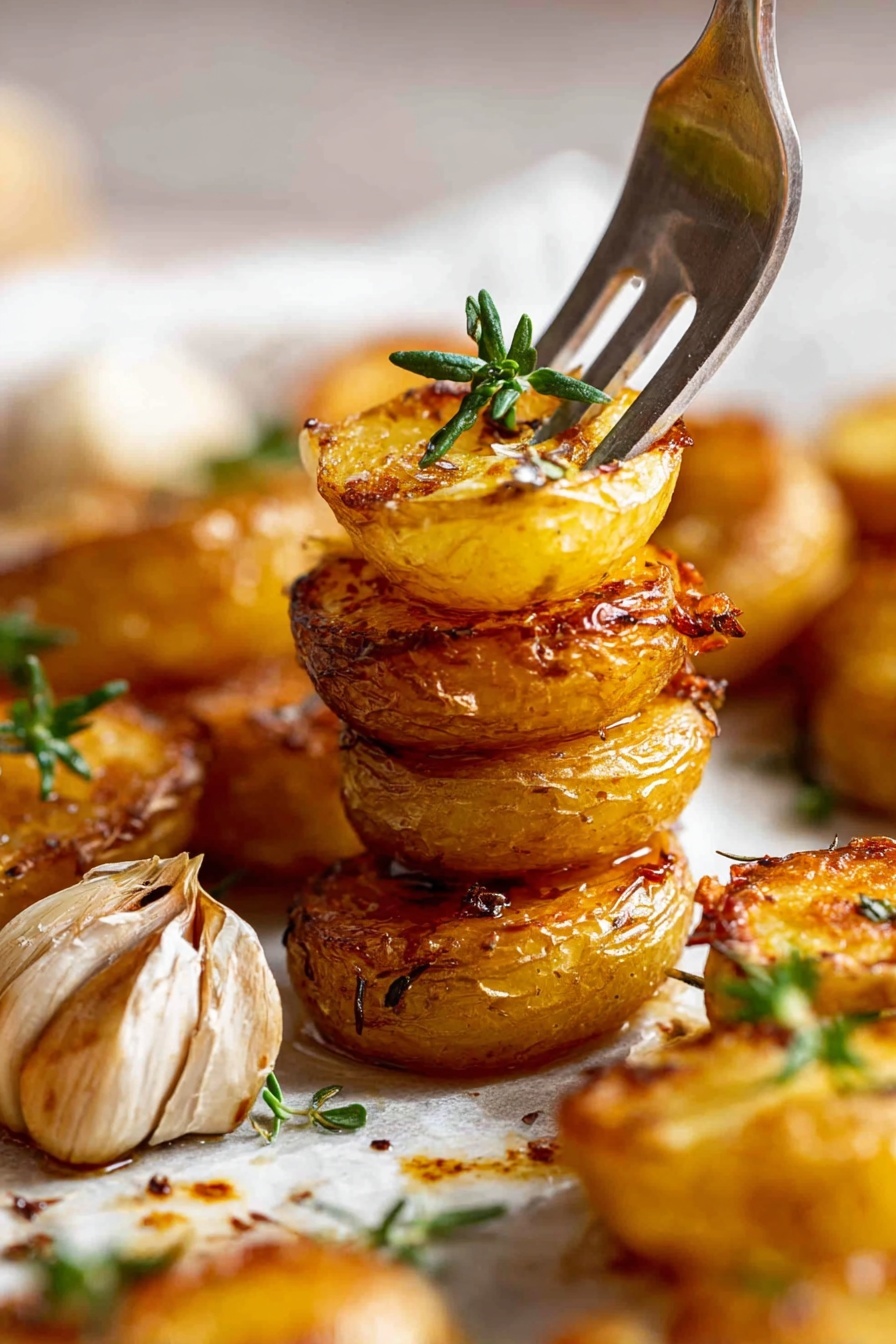 The image shows a pile of golden brown roasted potatoes that are round and cut into halves, with crispy skins and soft interiors visible. Scattered among the potatoes are small whole garlic cloves in soft purple and white colors, some with skins slightly open. Fresh sprigs of green thyme leaves are sprinkled over the potatoes and garlic, adding a fresh, lively touch. A dark metal spatula is partially visible, lifting some potatoes near the top right, with a few thyme leaves resting on it. The dish is placed on a white marbled surface that has light, subtle veins of gray throughout, enhancing the warm tones of the potatoes. photo taken with an iphone --ar 2:3 --v 7 - Oven-Roasted Garlic Potatoes, crispy garlic potatoes, easy roasted potato side dish, flavorful potato recipes, garlicky roasted potatoes