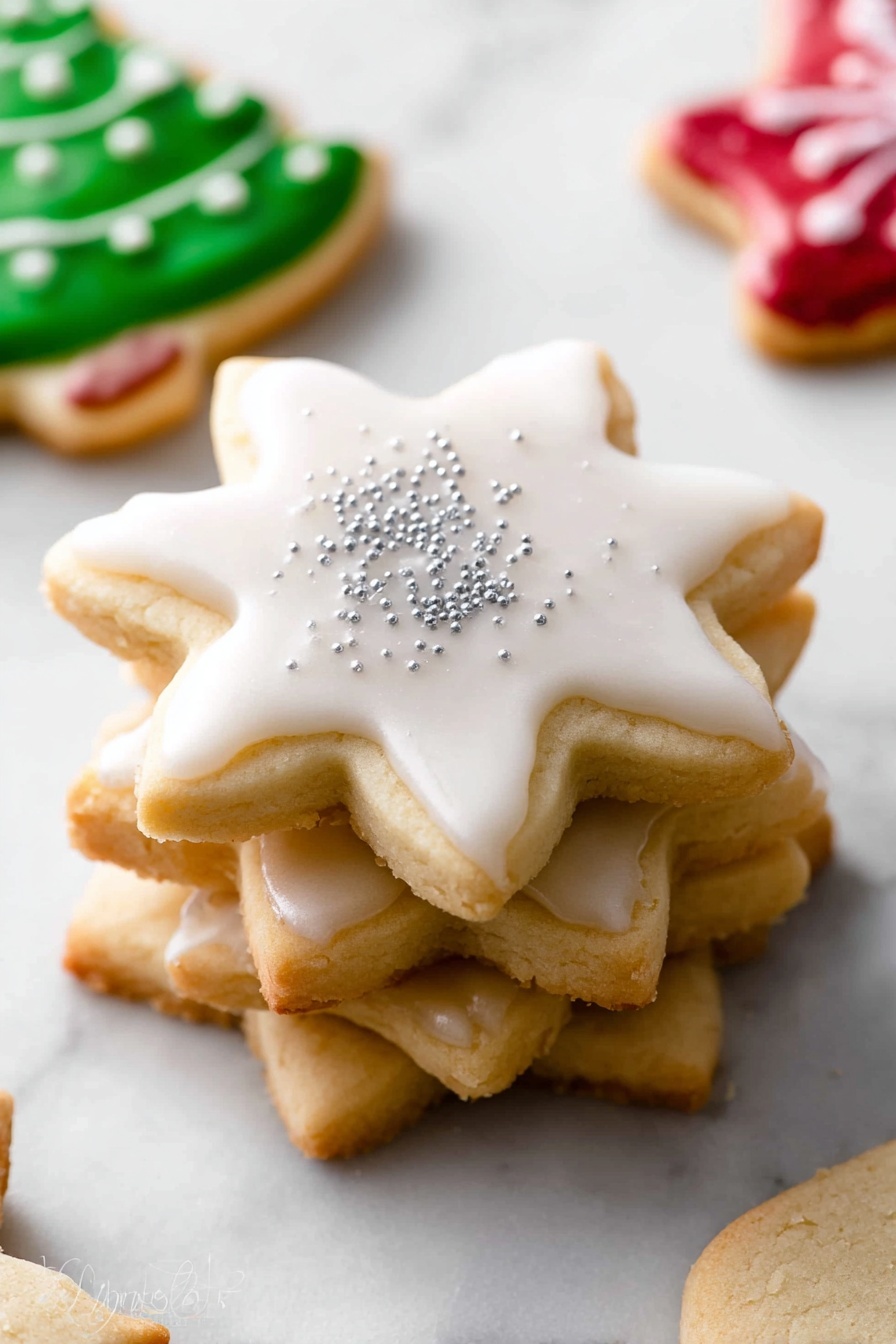 A stack of three star-shaped sugar cookies is shown on a white marbled surface. The bottom two cookies are plain with a light golden-brown color and a soft, slightly crumbly texture. The top cookie is decorated with smooth white icing covering its surface evenly, topped with small, shiny silver sprinkles scattered across. Around the stack, there are other decorated cookies partially visible, including a green Christmas tree cookie with white dot accents and a cookie with red icing. The overall look is clean and festive, with soft natural lighting highlighting the textures and colors photo taken with an iphone --ar 2:3 --v 7 - Christmas Sugar Cookies with Easy Icing, holiday sugar cookie recipe, festive Christmas cookies, simple icing sugar cookies, easy holiday cookie ideas