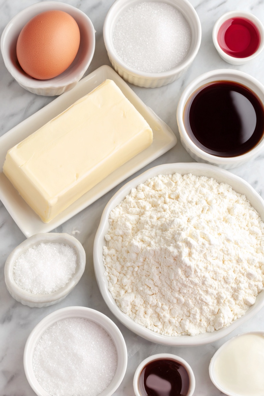 Flat lay of a large stick of unsalted butter, a small white bowl filled with granulated sugar, a small white bowl with clear peppermint extract, a small white bowl holding vanilla extract, a small white bowl containing baking powder, a small white bowl with kosher salt, one large whole egg with a clean shell, a small mound of all-purpose flour on white ceramic plate, a small white bowl with liquid red food coloring, a separate small white bowl with an egg white, and a small white bowl filled with sparkling sugar, all arranged in perfect symmetry and balanced proportions on a clean white marble surface, soft natural light, photo taken with an iPhone, professional food photography style, fresh ingredients, white ceramic bowls, no bottles, no duplicates, no utensils, no packaging --ar 2:3 --v 7 --p m7354615311229779997 - Peppermint Candy Cane Cookies, holiday peppermint cookies, festive candy cane cookies, peppermint cookie recipe, Christmas cookie ideas