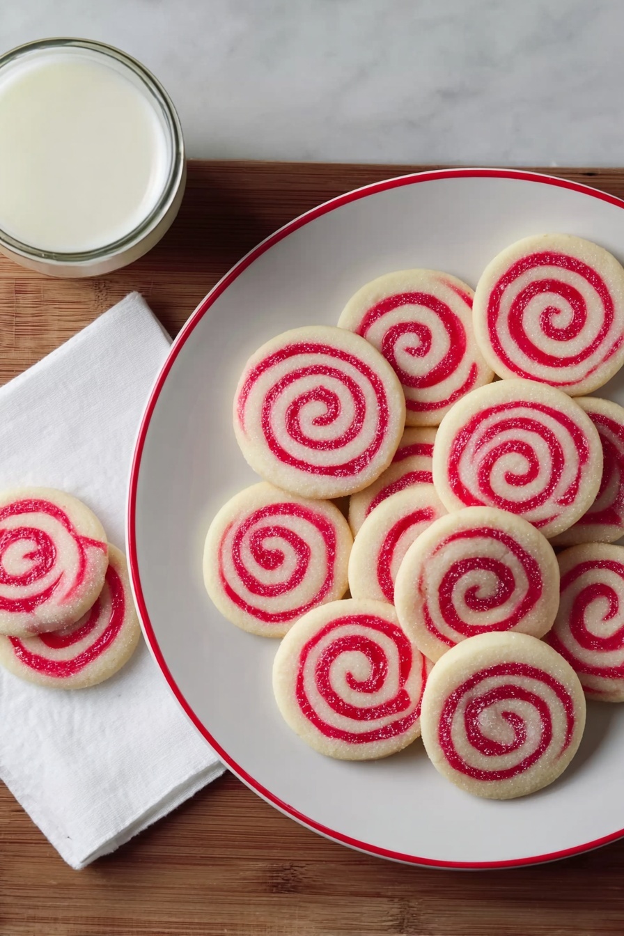 A white plate with a thin red rim filled with about a dozen round cookies that have red and white spiral patterns on top, showing smooth and slightly raised texture. Next to the plate is a white square napkin with three similar spiral cookies resting on it. In the top left corner, there is a small glass of milk with a creamy white color, all placed on a white marbled surface. photo taken with an iphone --ar 2:3 --v 7 - Holiday Pinwheel Cookies, festive cookie ideas, swirl cookie recipe, easy holiday cookies, colorful cookie desserts