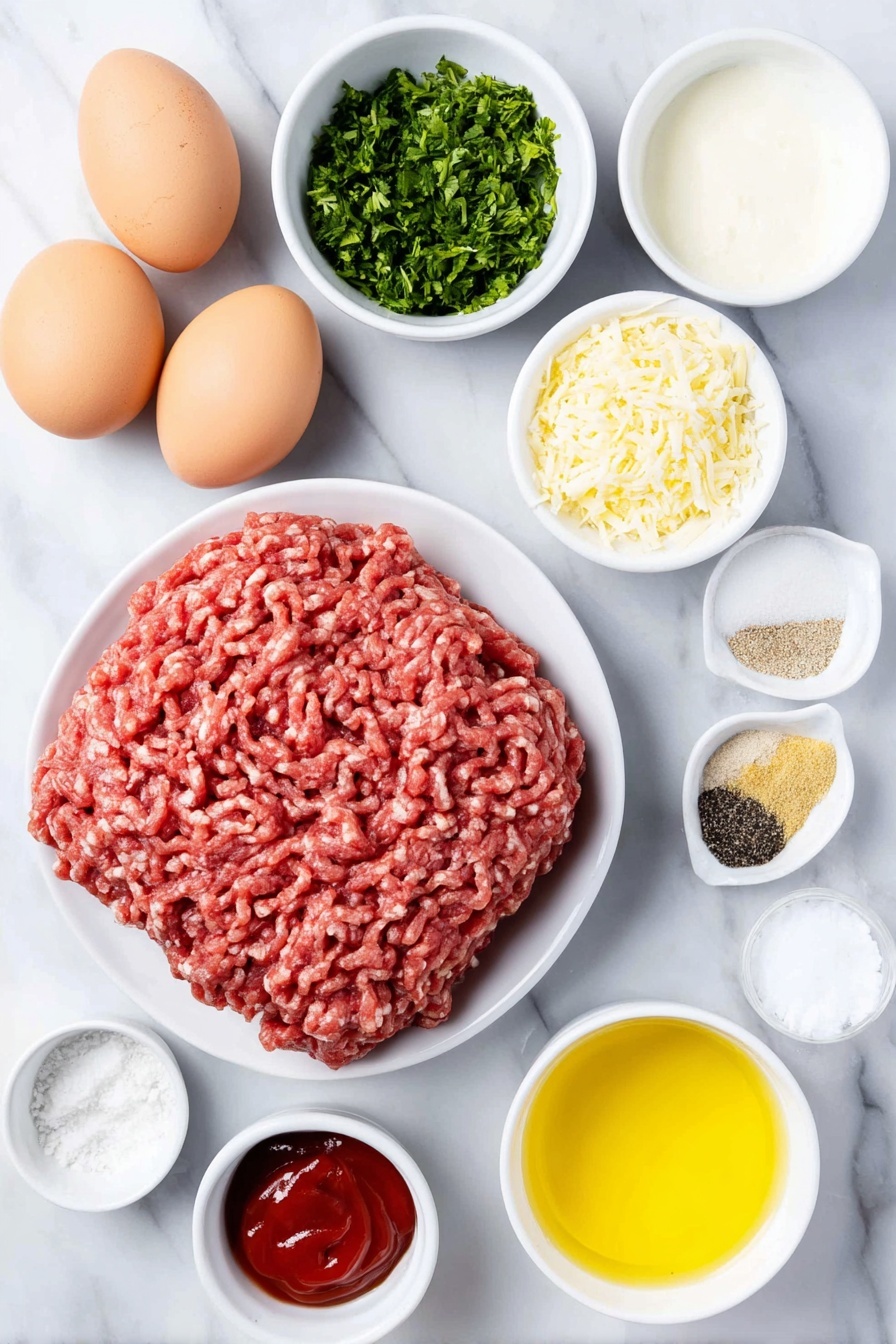 Flat lay of a mound of fresh ground beef, finely chopped medium onion in a small white ceramic bowl, two large whole brown eggs with clean shells, three peeled garlic cloves, a small white ceramic bowl of bright red ketchup, a small white ceramic bowl filled with fresh green chopped parsley, a small white ceramic bowl of pale Panko breadcrumbs, a small white ceramic bowl of creamy white milk, a small white ceramic bowl of golden olive oil, a small white ceramic bowl of white vinegar, a small white ceramic bowl of brown sugar, small white ceramic bowls containing salt, Italian seasoning, ground black pepper, garlic powder, and onion powder all arranged symmetrically around the center ingredients, placed on a clean white marble surface, soft natural light, photo taken with an iPhone, professional food photography style, fresh ingredients, white ceramic bowls, no bottles, no duplicates, no utensils, no packaging --ar 2:3 --v 7 --p m7354615311229779997 - Classic Meatloaf with Sweet Glaze, tasty meatloaf recipe, easy weeknight dinner, savory meatloaf with sweet glaze, comfort food recipes
