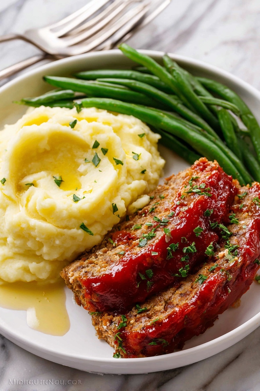 A white oval plate holds a meatloaf sliced into three thick pieces, each covered with a shiny, deep red sauce that looks smooth and slightly sticky. The top slice is whole with sauce and small green herb bits sprinkled over it, the middle slice is partially separated, showing a tender, crumbly brown inside mixed with small diced onions. The bottom slice lies flat with sauce brushed on top along with more green herb bits. A silver fork rests on the left edge of the plate. The background is a white marbled surface with scattered green herbs for garnish. photo taken with an iphone --ar 2:3 --v 7 - Classic Meatloaf with Sweet Glaze, tasty meatloaf recipe, easy weeknight dinner, savory meatloaf with sweet glaze, comfort food recipes
