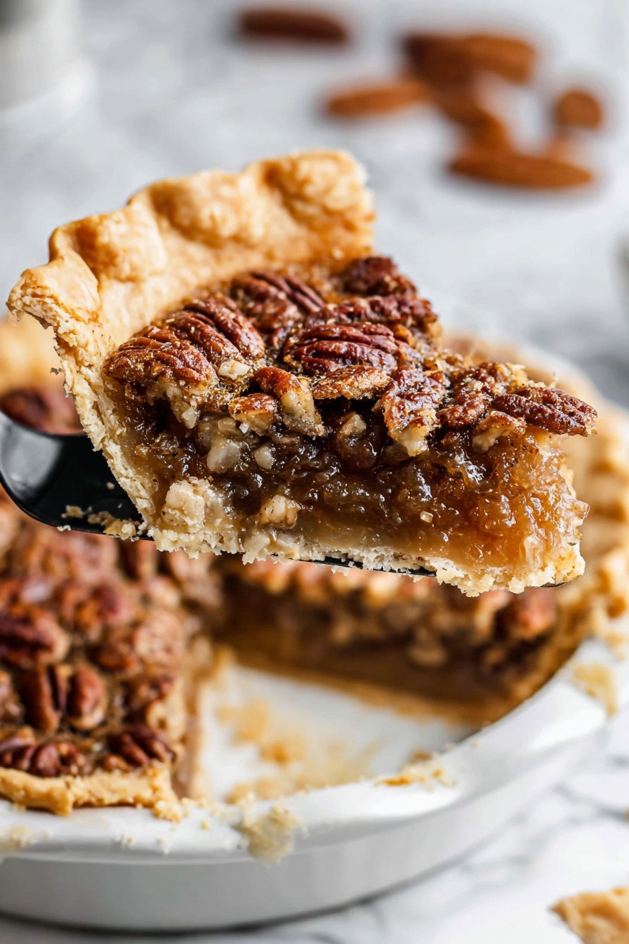 A pecan pie is shown with one thick layer of baked filling made of glossy, dark brown pecans scattered evenly on top of a firm, caramel-like surface, all held inside a golden, crimped crust with a rough texture. The pie sits in a white fluted pie dish on a white marbled surface. There are loose pecans and a small pile of brown sugar next to the pie, along with a rustic beige cloth and stacked grey plates partly visible in the background. Photo taken with an iphone --ar 2:3 --v 7 - Best Pecan Pie, Pecan Pie recipe, homemade pecan pie, classic pecan pie, easy pecan pie