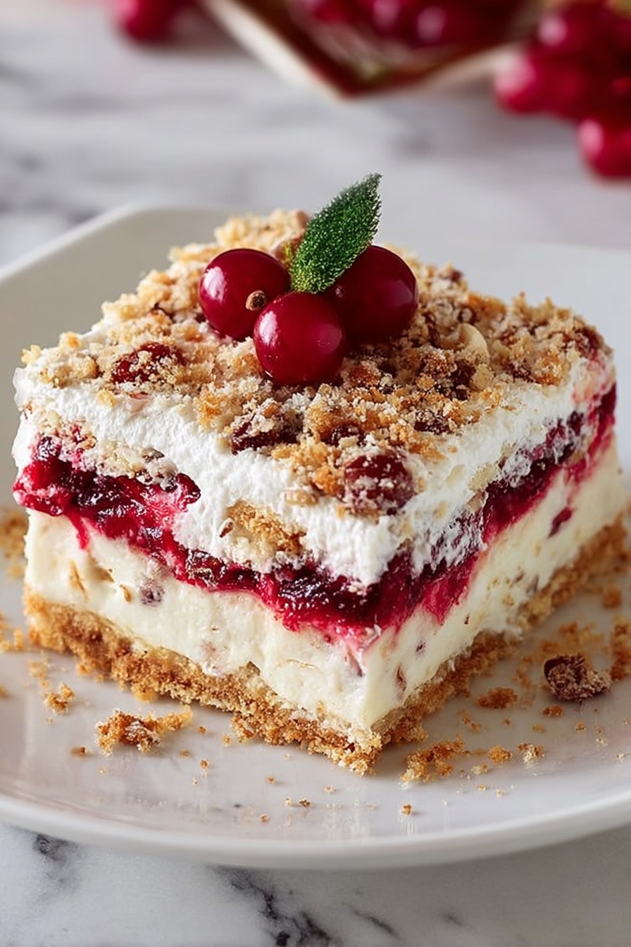 The image shows a square dessert slice with four layers on a white plate. The bottom layer is a crumbly light brown crust. Above it is a creamy white layer mixed with small bits. The third layer is a bright red berry filling with visible seeds and fruit pieces. On top, there is a thick, fluffy white layer sprinkled with crushed nuts and crumbs, finished with three small red berries and a tiny green leaf as decoration. The background surface is white marbled. Photo taken with an iphone --ar 2:3 --v 7 - No-Bake Cranberry Cheesecake Pie, festive cranberry dessert, easy no-bake cheesecake, holiday dessert recipes, creamy cranberry pie