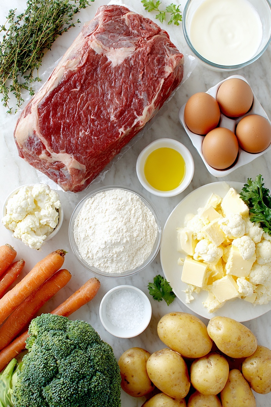 Flat lay of a fresh topside of beef roast, a small drizzle of golden olive oil in a white ceramic bowl, a small white bowl of plain all-purpose flour, three whole brown eggs with clean shells, a small white bowl of smooth milk, a small white bowl with solid white lard, a pile of whole floury potatoes with their skins, a small heap of fresh green thyme leaves, a bunch of vibrant orange Chantenay carrots, a small slab of salted butter on white ceramic dish, a head of cauliflower broken into small white florets, a small pile of grated mature Cheddar cheese, a small white bowl of thick double cream, fresh tenderstem broccoli stalks, a small white bowl of cold water, a small bowl of cornflour powder, a scattering of finely chopped fresh bright green parsley, and a small white bowl of black peppercorns and fine salt crystals, all arranged in perfect symmetry and realistic proportions on simple white ceramic bowls and plates, placed on a clean white marble surface, soft natural light, photo taken with an iPhone, professional food photography style, fresh ingredients, white ceramic bowls, no bottles, no duplicates, no utensils, no packaging --ar 2:3 --v 7 --p m7354615311229779997 - Perfect Roast Beef Dinner, roast beef with crispy potatoes, Sunday roast ideas, traditional roast dinner, easy roast beef tips