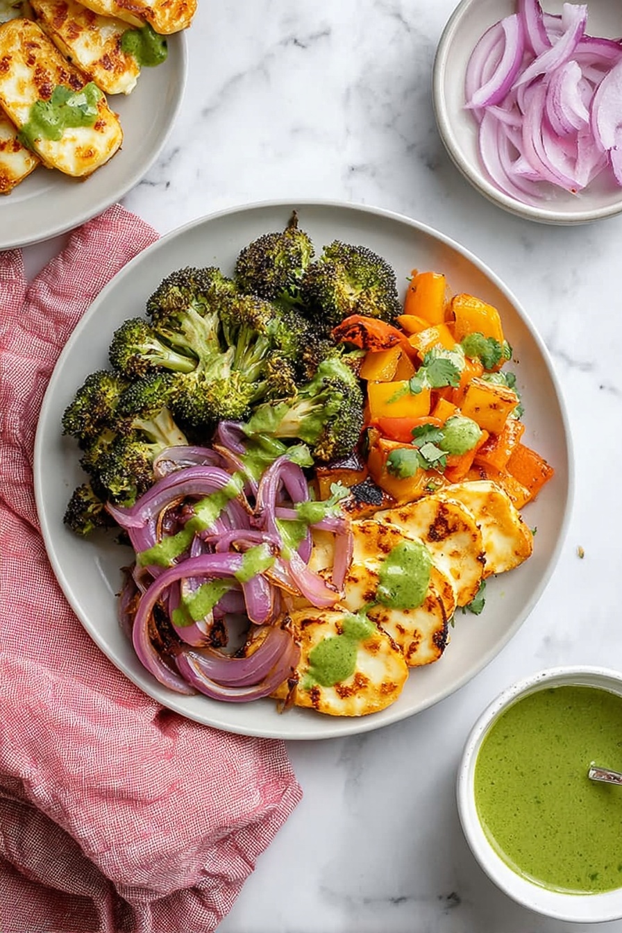A white plate holds a colorful meal with four main layers: at the bottom there are grilled golden-brown halloumi cheese slices with slightly crispy edges, topped by bright green roasted broccoli pieces on one side, orange roasted bell pepper chunks on the other, and in the center several curled soft purple-red onion slices. A light drizzle of green sauce adds a fresh look, and the plate sits on a white marbled surface with a pink cloth nearby. A small white bowl filled with more green sauce is placed next to the plate, along with a small white dish containing extra purple onion slices. photo taken with an iphone --ar 2:3 --v 7 - Sheet Pan Halloumi with Roasted Vegetables, easy vegetarian dinner, healthy sheet pan recipes, baked halloumi recipes, quick vegetable side dishes