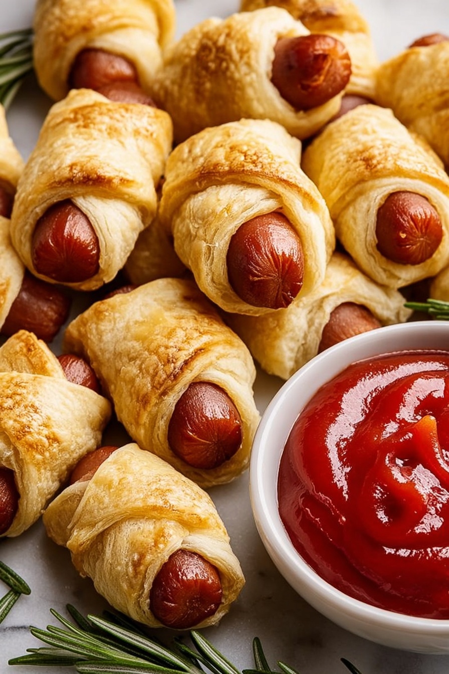 The image shows a wreath-shaped arrangement of small golden-brown wrapped mini sausages placed on a round wooden board. The wreath consists of two layers of sausage wraps arranged in a circular pattern with a white bowl filled with red ketchup in the center. The wreath is decorated with small red cherry tomatoes and sprigs of green rosemary evenly spaced around and inside the wreath. At the bottom right of the wreath, there is a large bow-shaped pastry decoration made from the same golden dough. The wooden board sits on a white marbled surface with a white cloth to the right side. Photo taken with an iphone --ar 2:3 --v 7 - Pigs in a Blanket Wreath, festive appetizer ideas, easy party appetizers, holiday appetizer recipes, party centerpieces