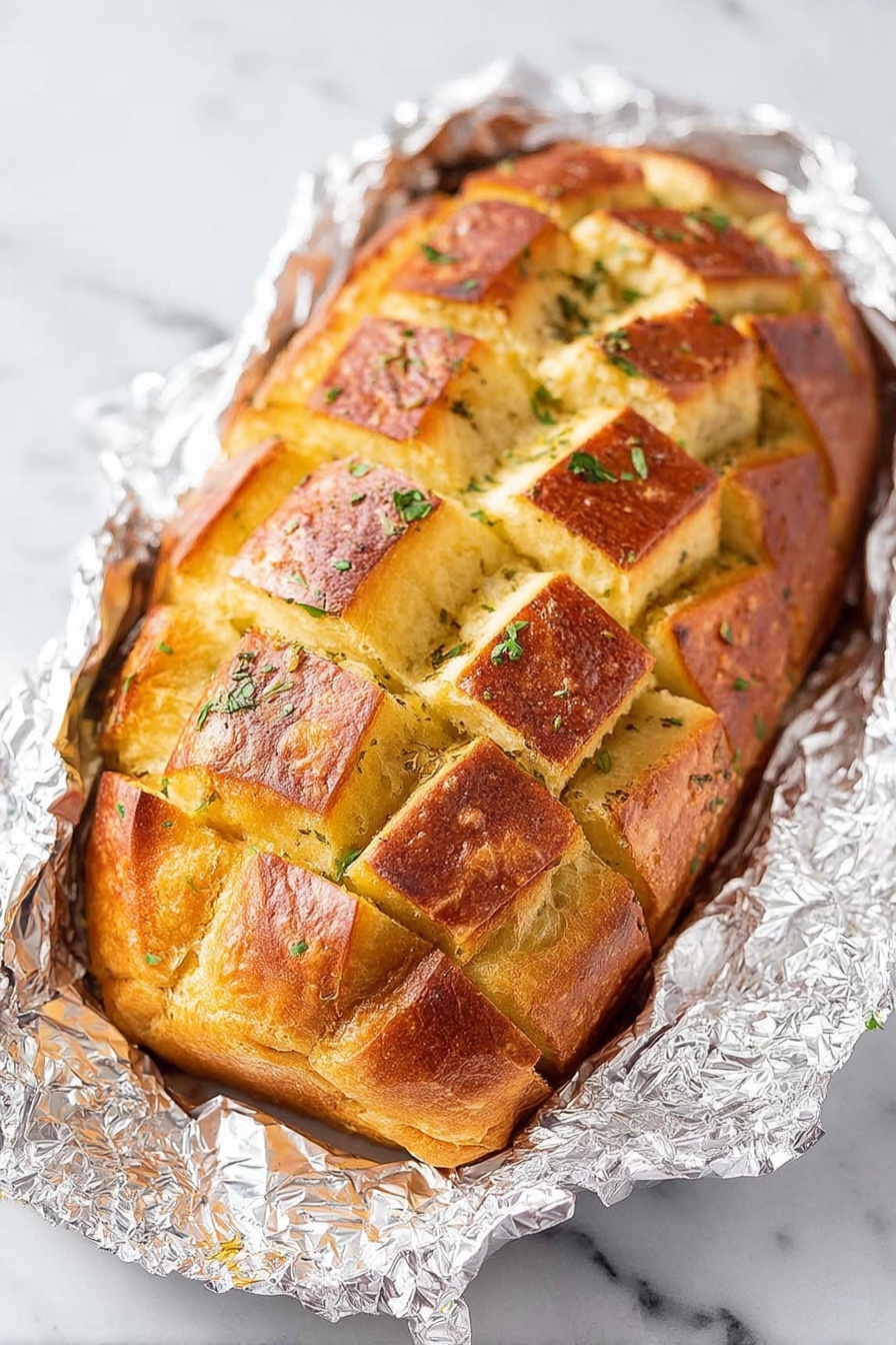 A whole loaf of golden brown bread with a crispy top is wrapped in crinkled silver foil. The bread is sliced deeply in a crosshatch pattern forming many small square pieces, revealing soft, light yellow inside. Small green herbs are sprinkled on the bread, adding a fresh touch. The foil and bread rest on a white marbled surface. Photo taken with an iphone --ar 2:3 --v 7 - Cheesy Garlic Pull-Apart Bread, easy cheesy bread recipe, garlicky bread heard, cheesy pull-apart appetizer, flavorful bread for parties