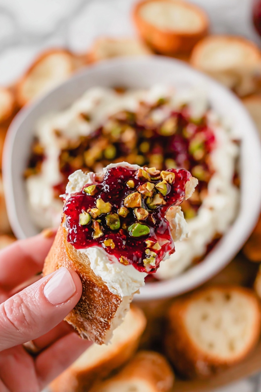 A close-up of a woman's hand holding a piece of crusty bread topped with three layers: the bottom layer is white creamy cheese spread, the middle is a bright red fruit jam with a slightly chunky texture, and the top is a mix of green and golden toasted nuts scattered unevenly. In the background, a white shallow bowl sits on a white marbled surface filled with the same three layers—creamy white base, red jam in the center, and toasted nuts sprinkled on top. Around the bowl, more pieces of crusty bread are visible, slightly out of focus. The overall tone is bright and inviting, with a natural light feeling. Photo taken with an iphone --ar 2:3 --v 7 - Cranberry Feta Dip with Pistachios, cranberry feta dip, holiday cheese dip, festive appetizer recipes, easy party dip