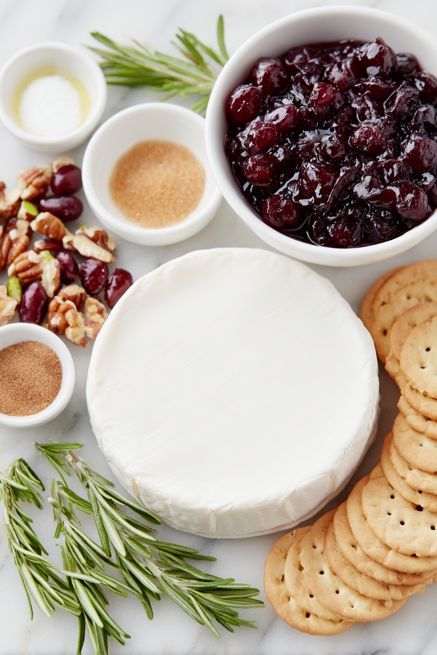 Flat lay of a whole round of cold brie cheese with a smooth white rind, a small white ceramic bowl filled with glossy whole berry cranberry sauce showing plump red cranberries, a small white ceramic bowl containing packed light brown sugar with a rich caramel color, a small white ceramic bowl holding clear vanilla extract, a small white ceramic bowl with finely grated bright orange zest, a small white ceramic bowl of warm brown ground nutmeg powder, a small white ceramic bowl filled with coarsely chopped mixed nuts including pistachios, almonds, walnuts, and pecans, two fresh rosemary sprigs with vibrant green needle-like leaves, and an assortment of golden-brown crackers arranged neatly, all placed on a clean white marble surface, soft natural light, photo taken with an iPhone, professional food photography style, fresh ingredients, white ceramic bowls, no bottles, no duplicates, no utensils, no packaging --ar 2:3 --v 7 --p m7354615311229779997 - Baked Brie with Cranberry Sauce, easy holiday appetizer, flavorful Brie cheese dish, festive cheese appetizer, quick party snack